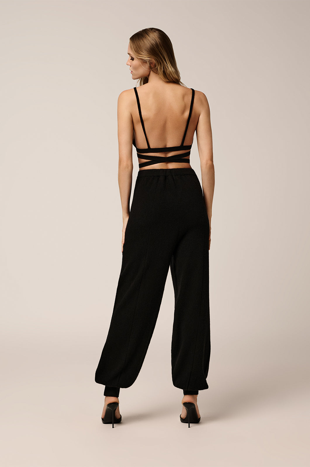 Soft cashmere wrap bra ties in front or back back view