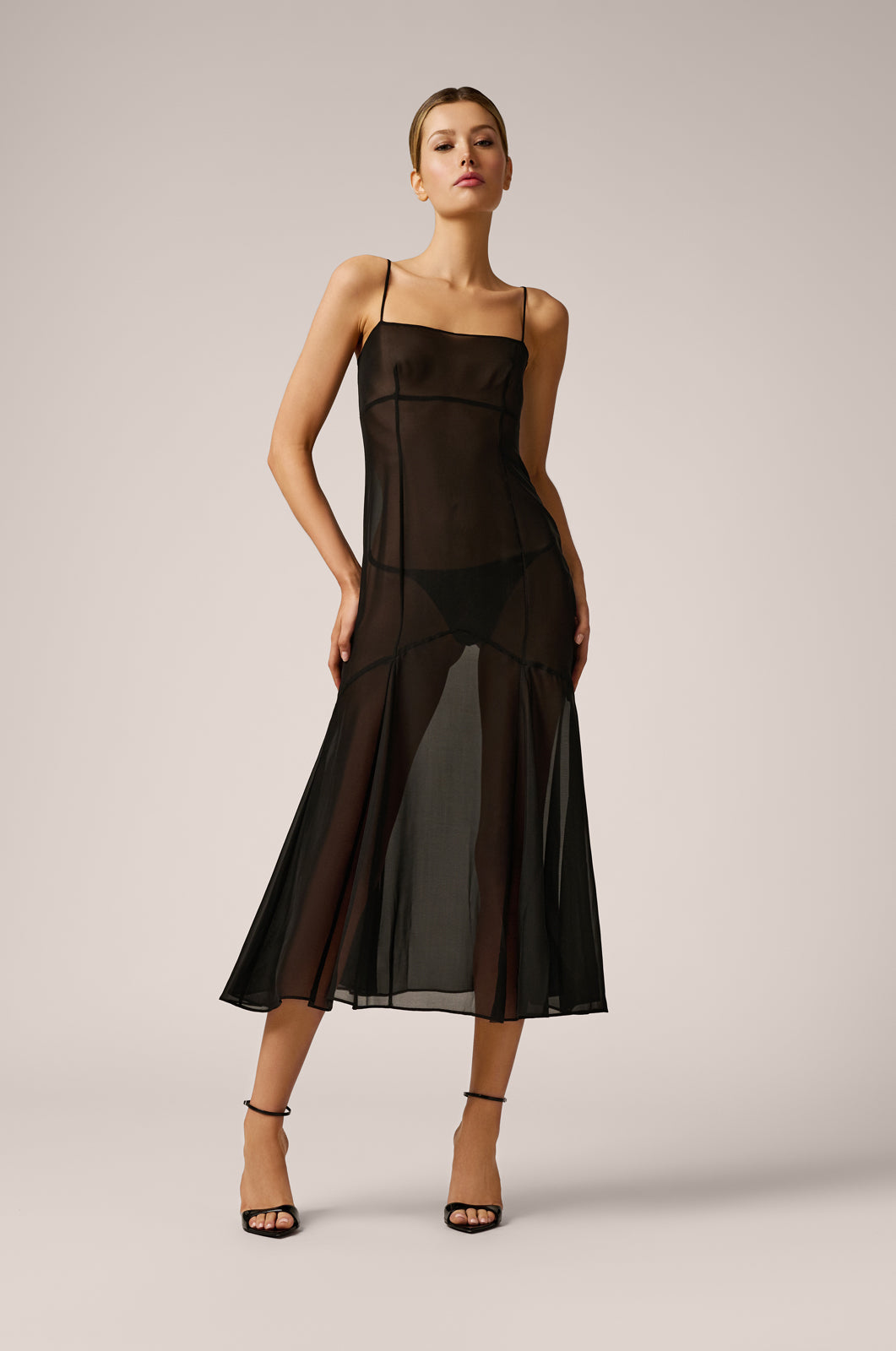 sheer spaghetti strap midi long chiffon dress front view