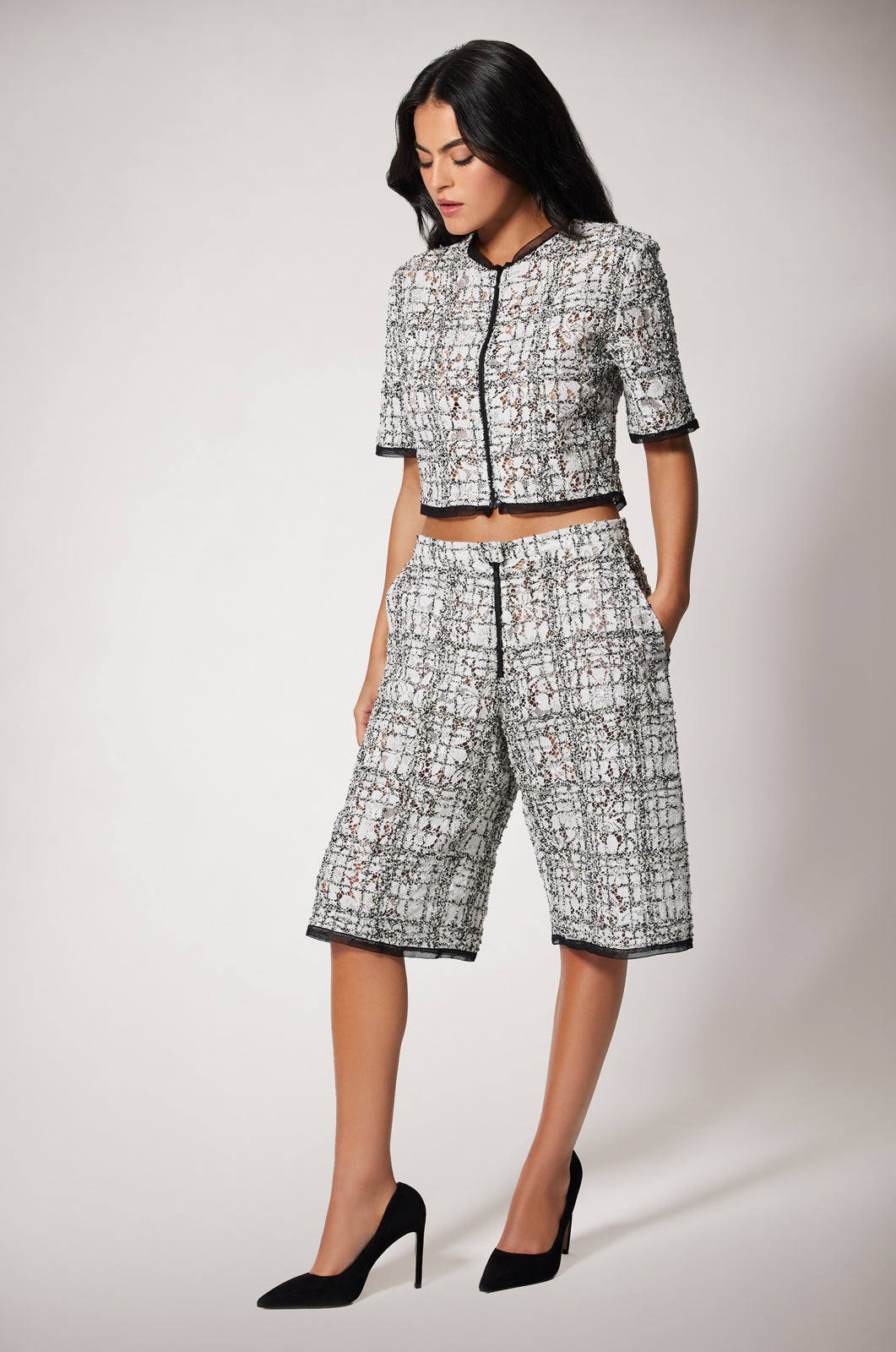 Black and White Tweed Mid Rise Knee Length Bermuda Shorts and Cardigan Side