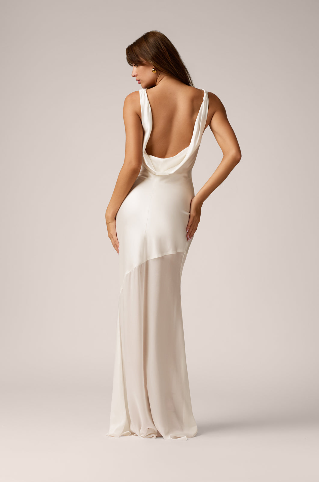 cowl neck bias cut low back long gown back view