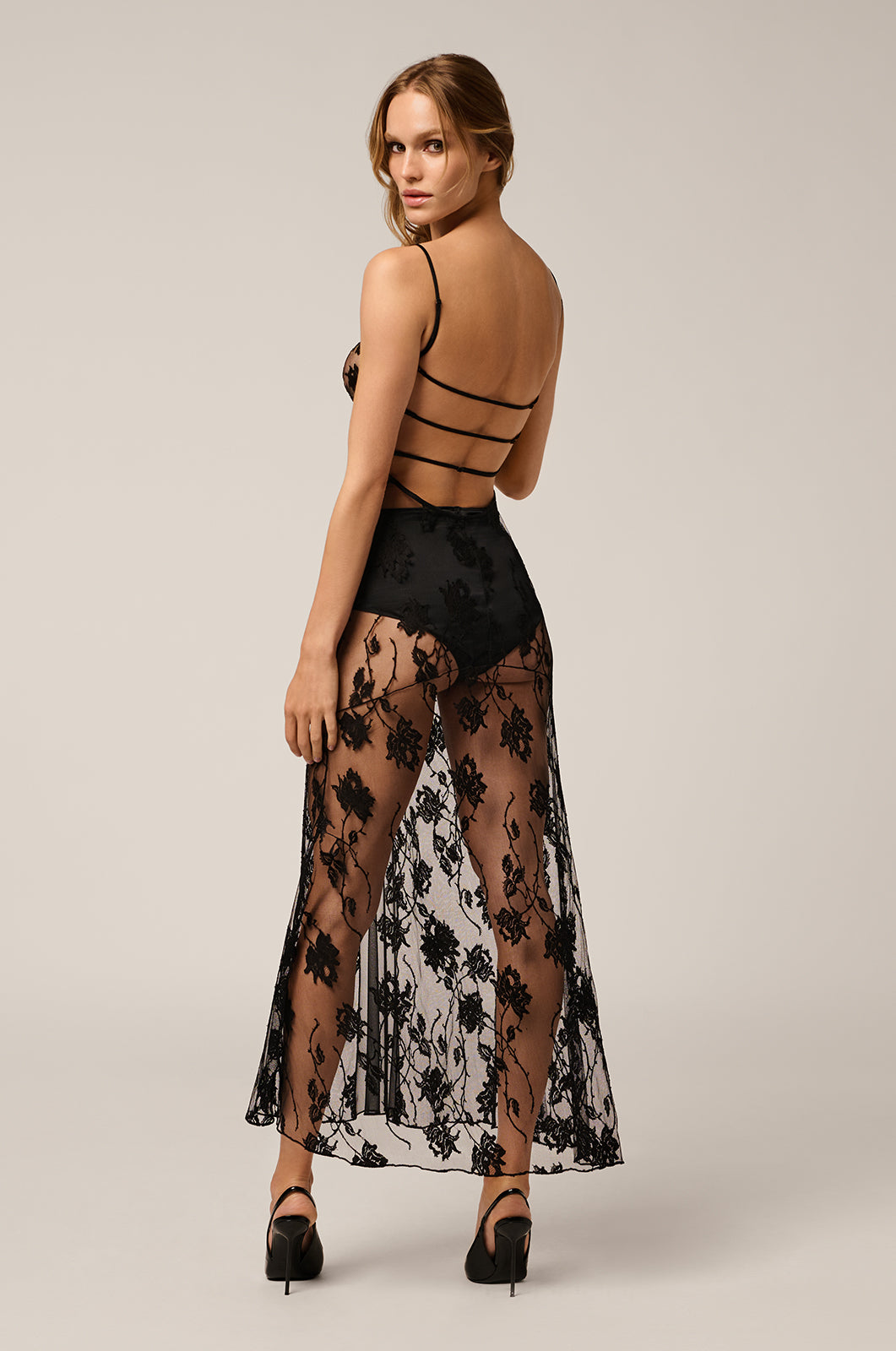 Black semi-sheer rose embroidered midi dress back view