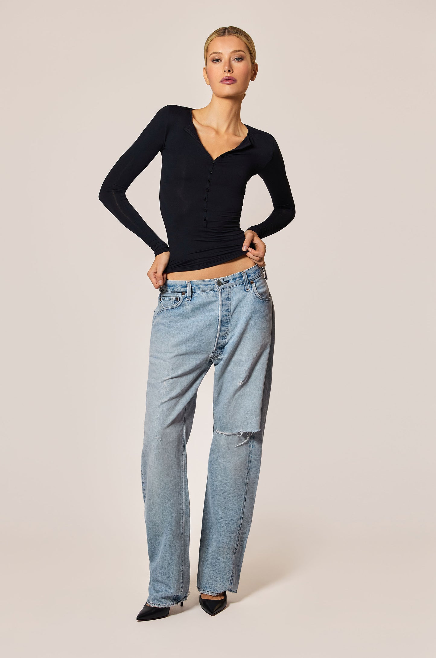 Black Henley Buttons Long Sleeve  Front