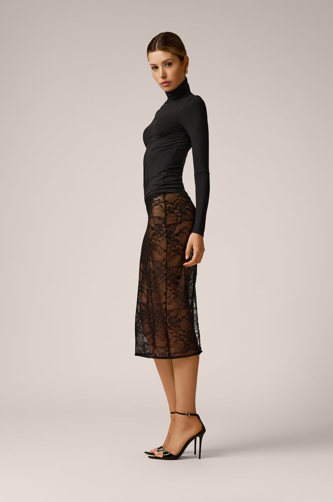 stretch black turtleneck top long sleeve side view