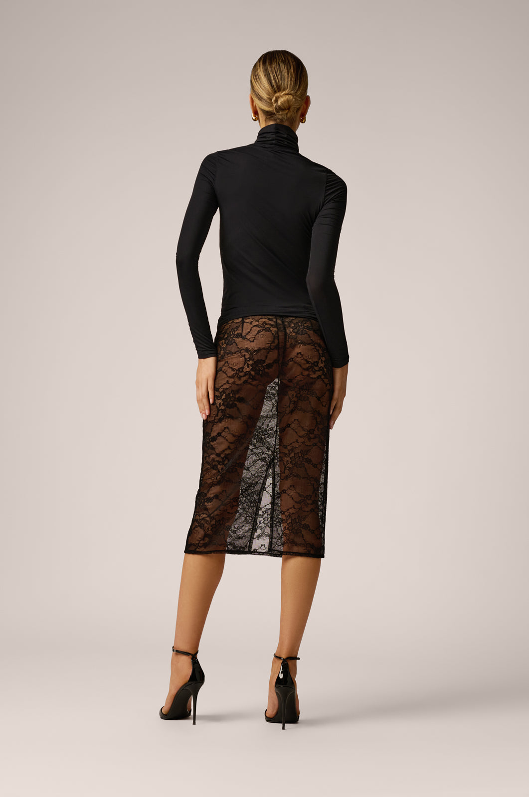 stretch black turtleneck top long sleeve back view