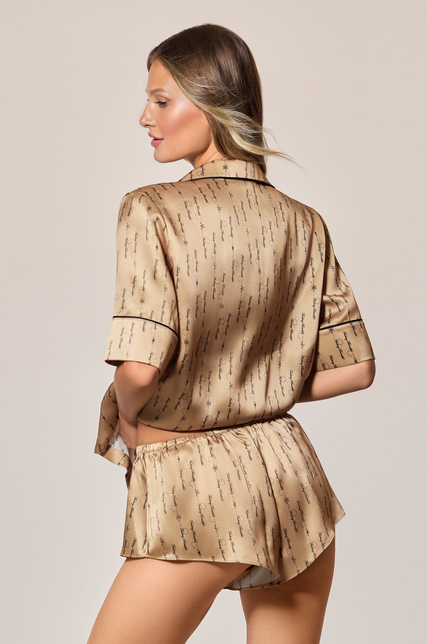 Sable Light Brown Black Cursive Words Fucking Beautiful Silk Lounge Short Sleeve Pijama PJ Top Back