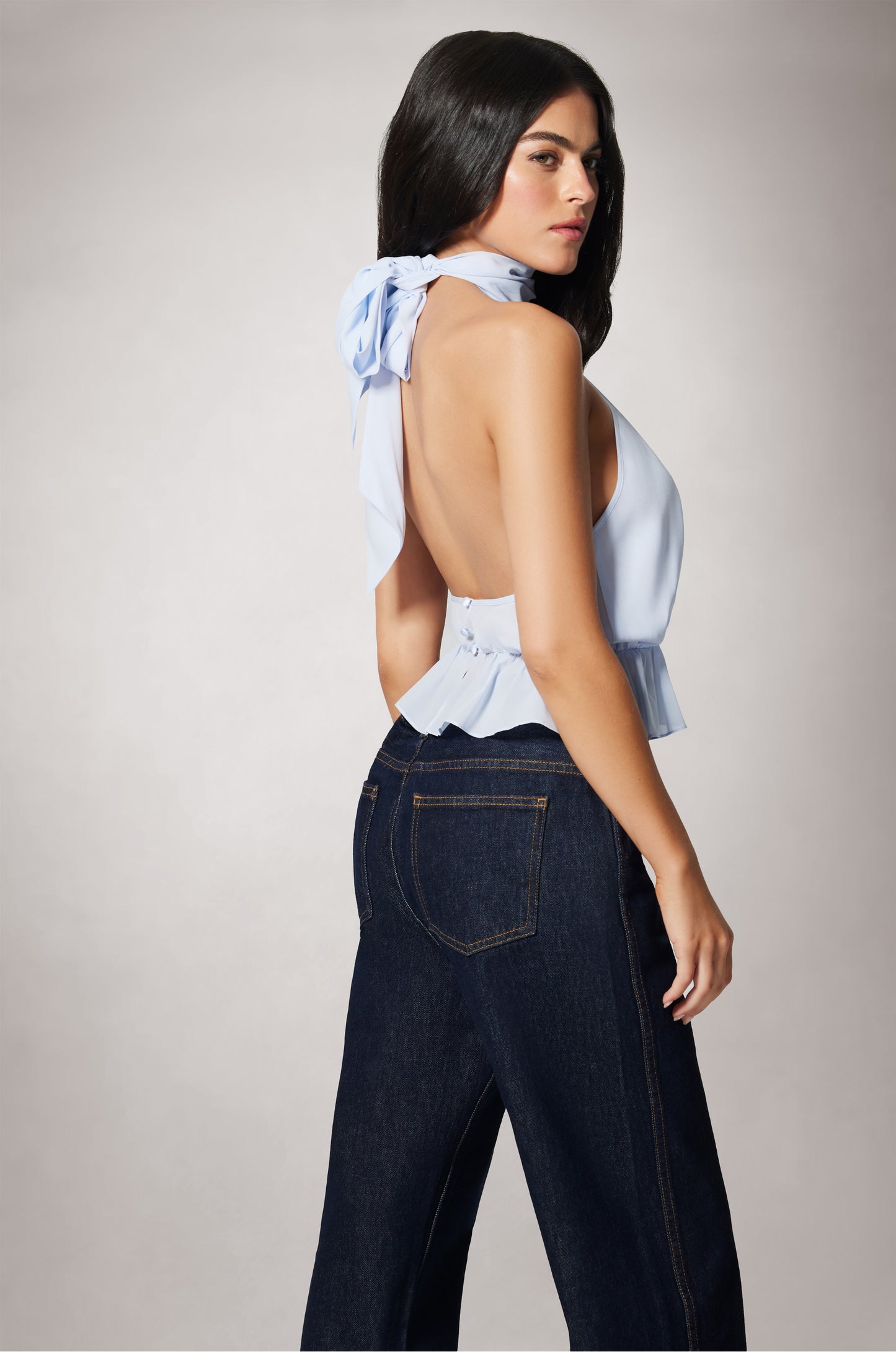 Light Blue Cinched Waist Ruffled End Low Back Halter Top Back