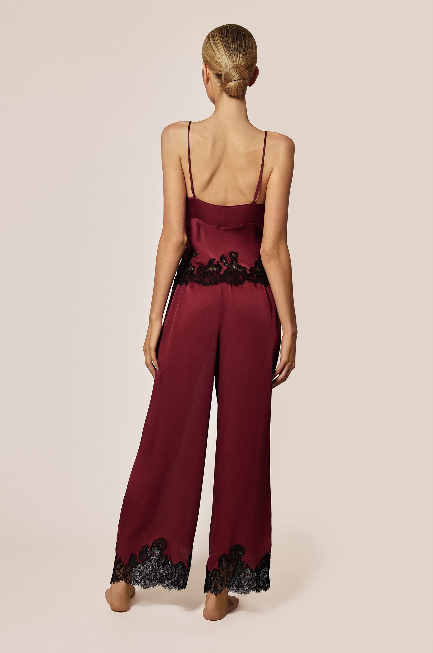 Brick Dust Red Satin Black Lace Detail Straight Leg Drawstring Pant Pant Back