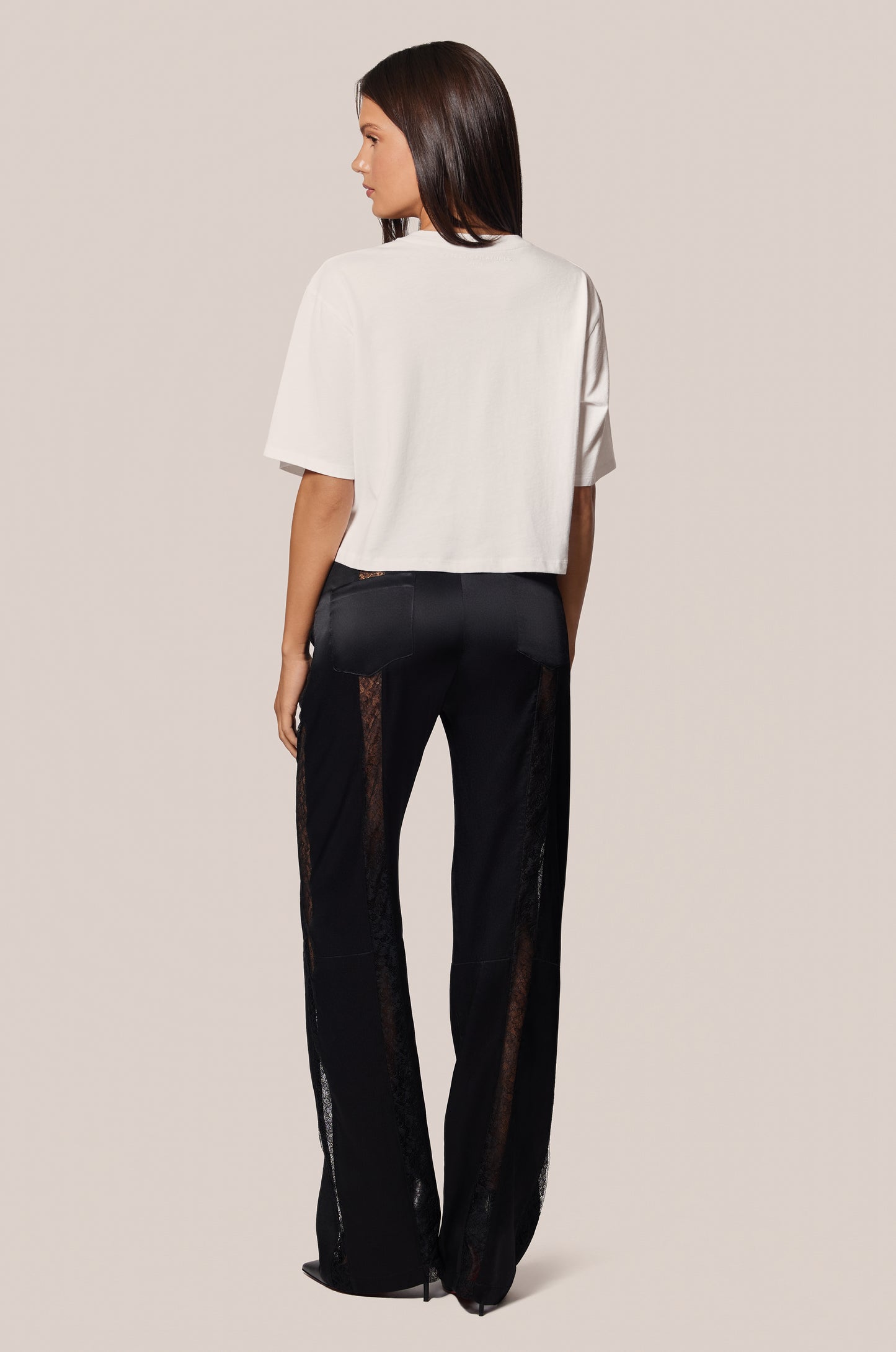 Black Floral Lace Panel Silk Satin Straight Leg Pant Back