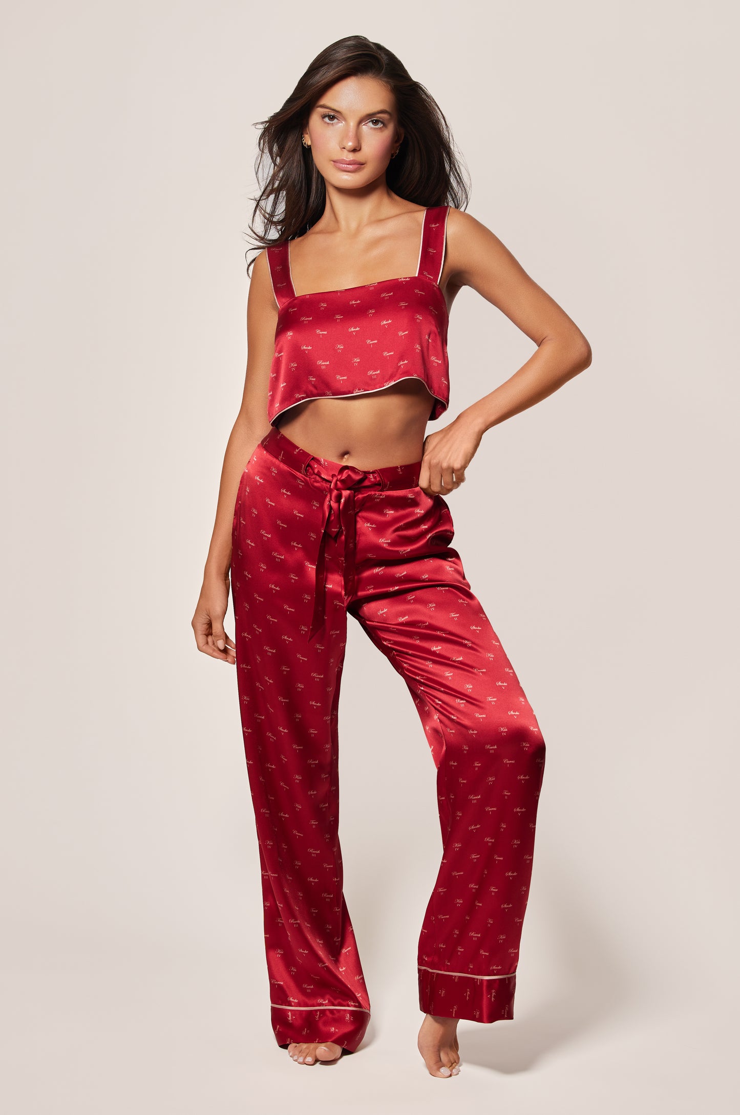 Red and Buff Light Pink Silk Satin Kiss Motif Printed Bandeau Straps Top and Light Pink Silk Satin Kiss Motif Printed Tie Pajama Pant Front