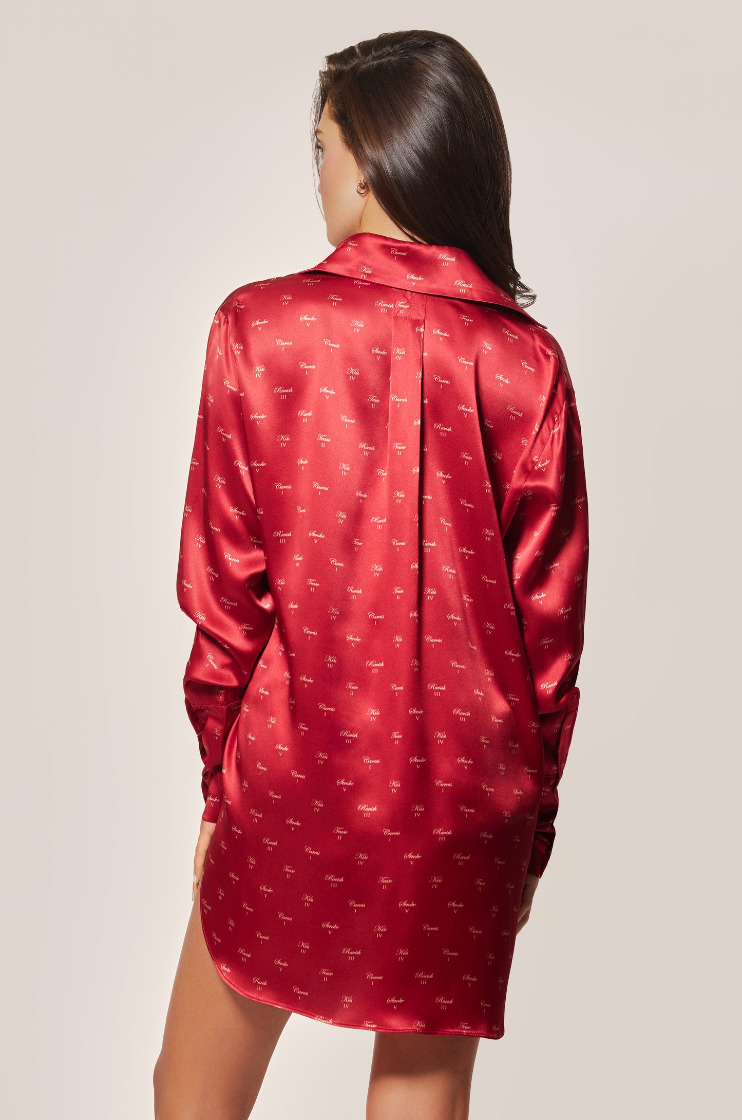 Red and Buff Light Pink Silk Satin Kiss Motif Printed Button Down Nightshirt Back