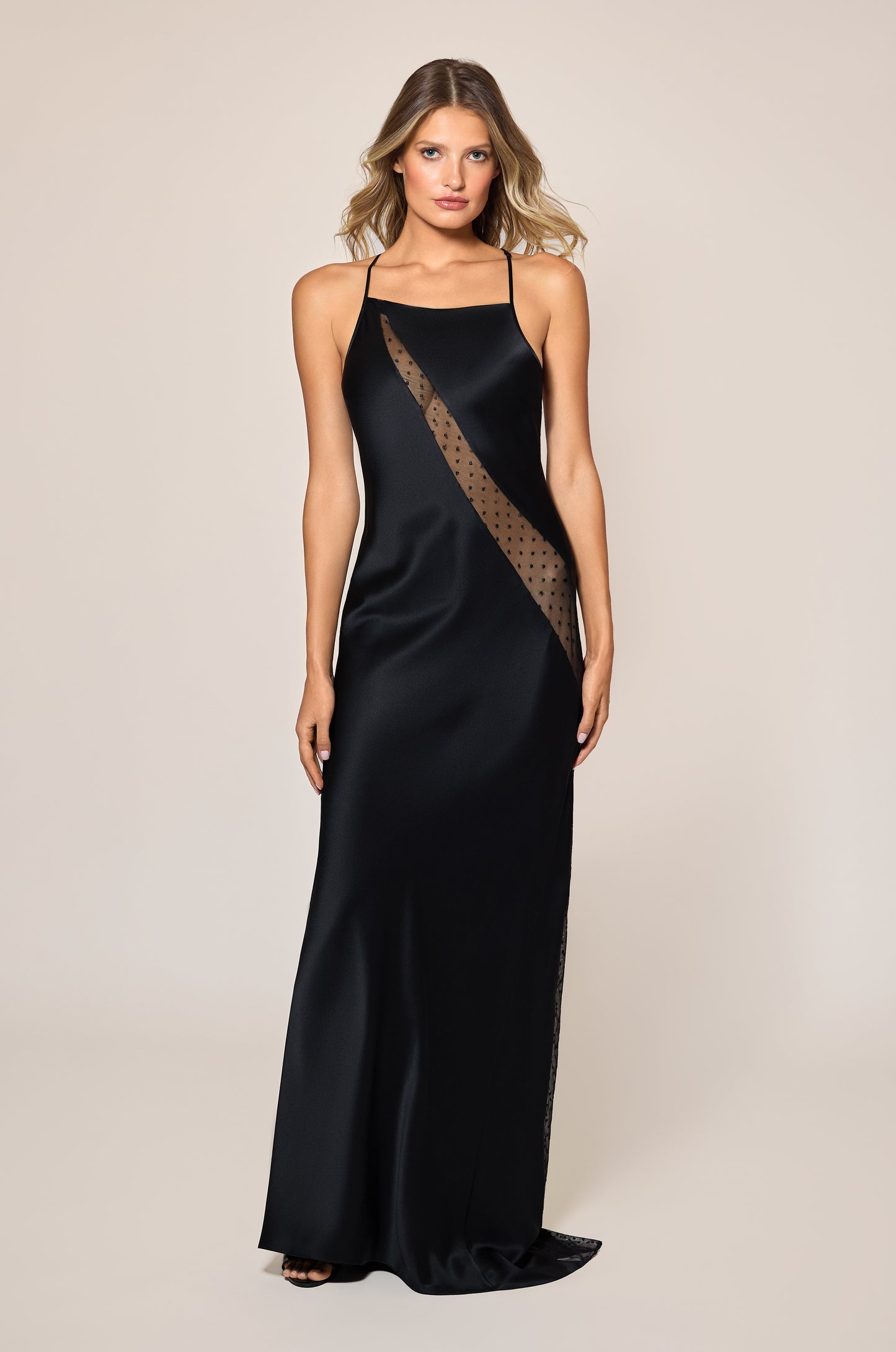 Black Asymmetric Halter Sheer Panel Polka Dot Satin Gown Maxi Dress Front