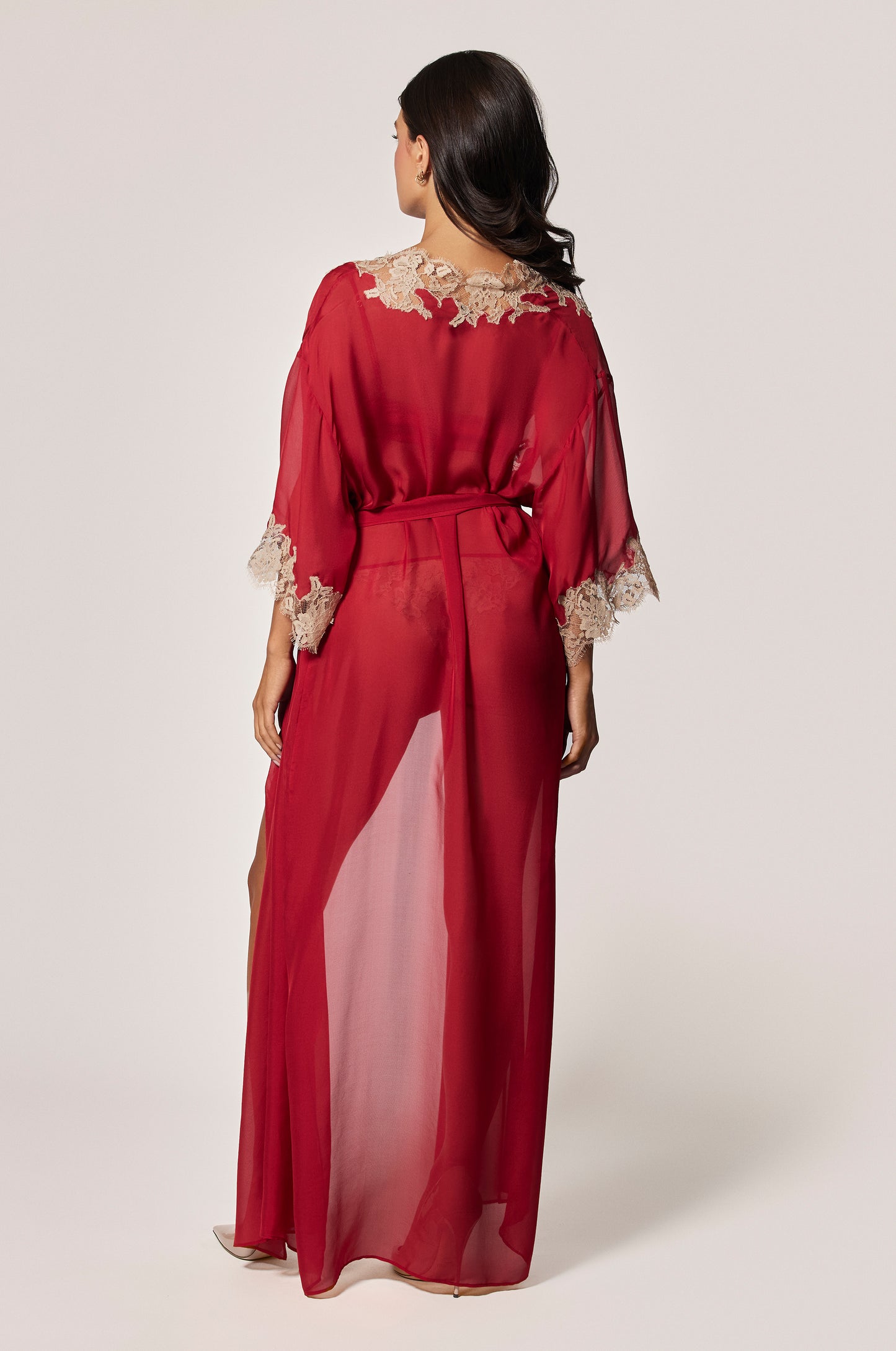 Red Satin Floral Lace Detail Long Tie Front Robe Back