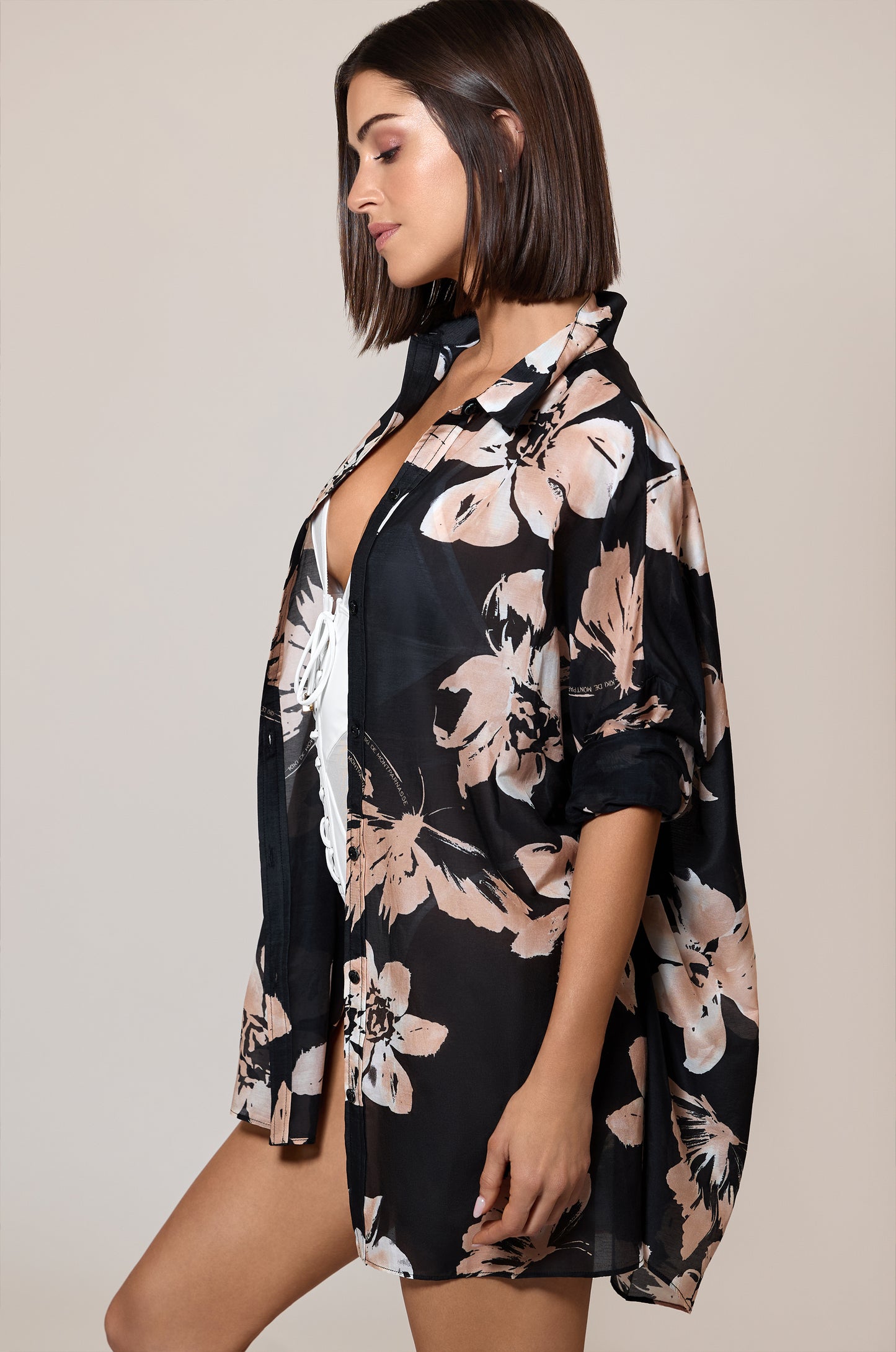 Black Blush Ivory Floral Oversized Button Up Shirt Cover Up Side