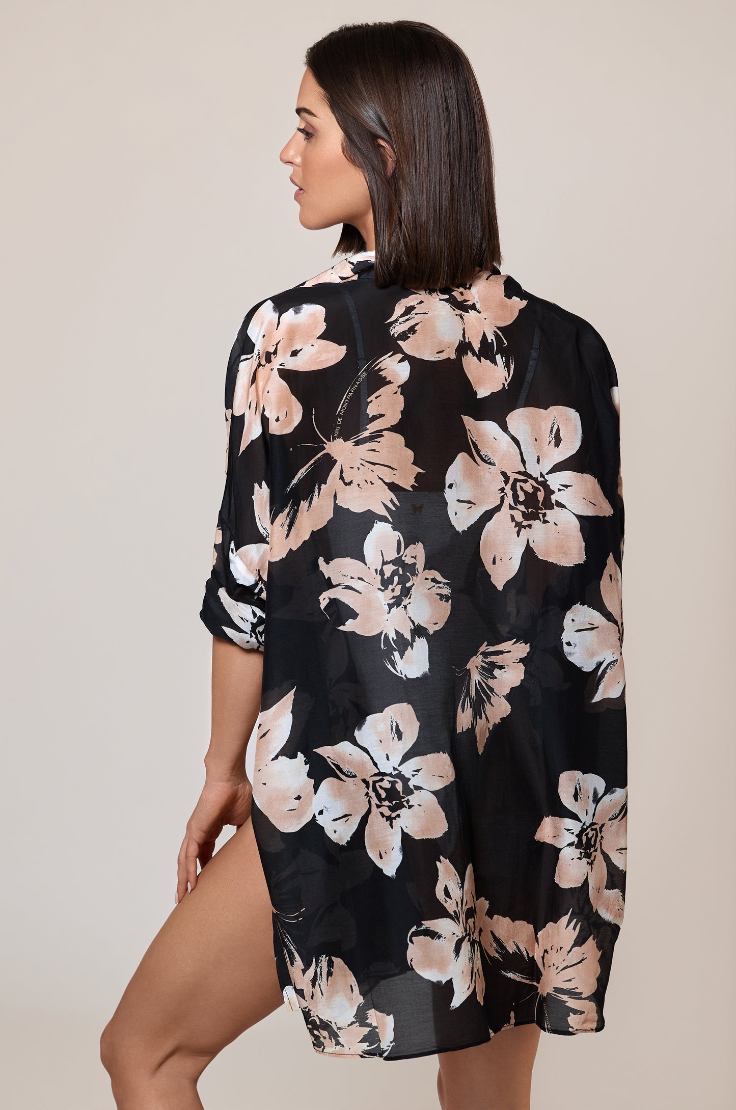 Black Blush Ivory Floral Butterfly Oversized Button Up Shirt Cover Up Back