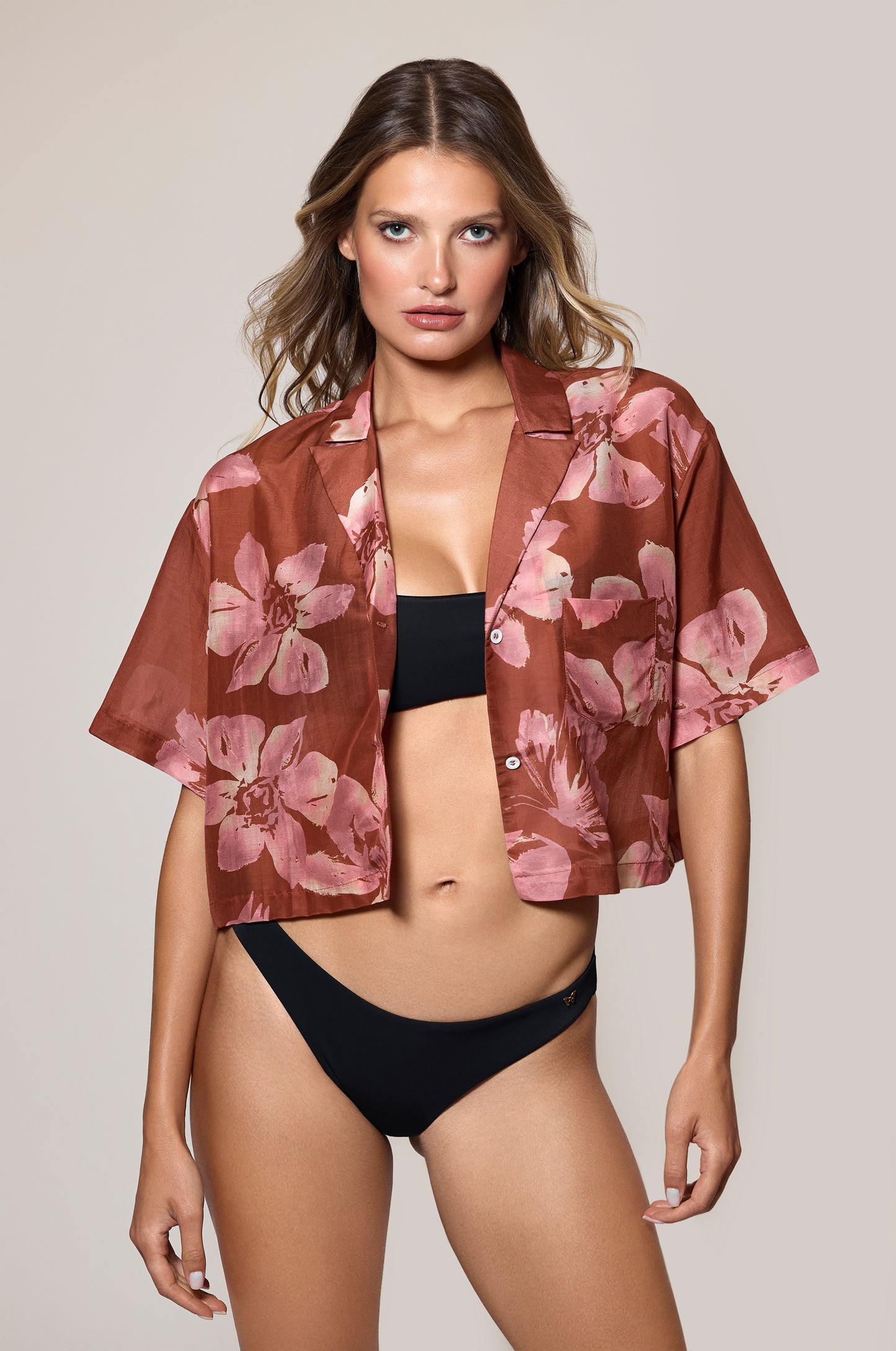 Clay Rose Blush Floral Cropped Button Up Front