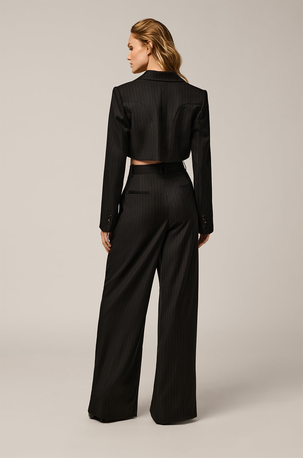 Pinstripe high waisted flared pants with pleats back view