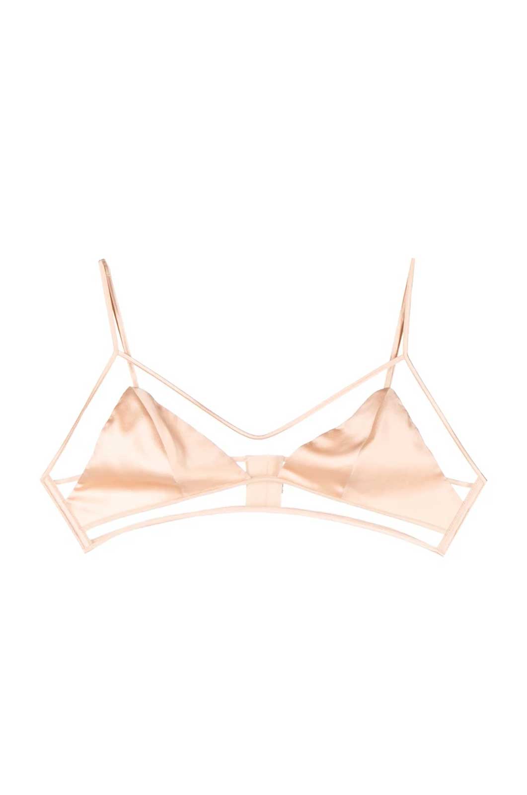 Longline soft bra with sheer outlining and thin straps in blush flat lay