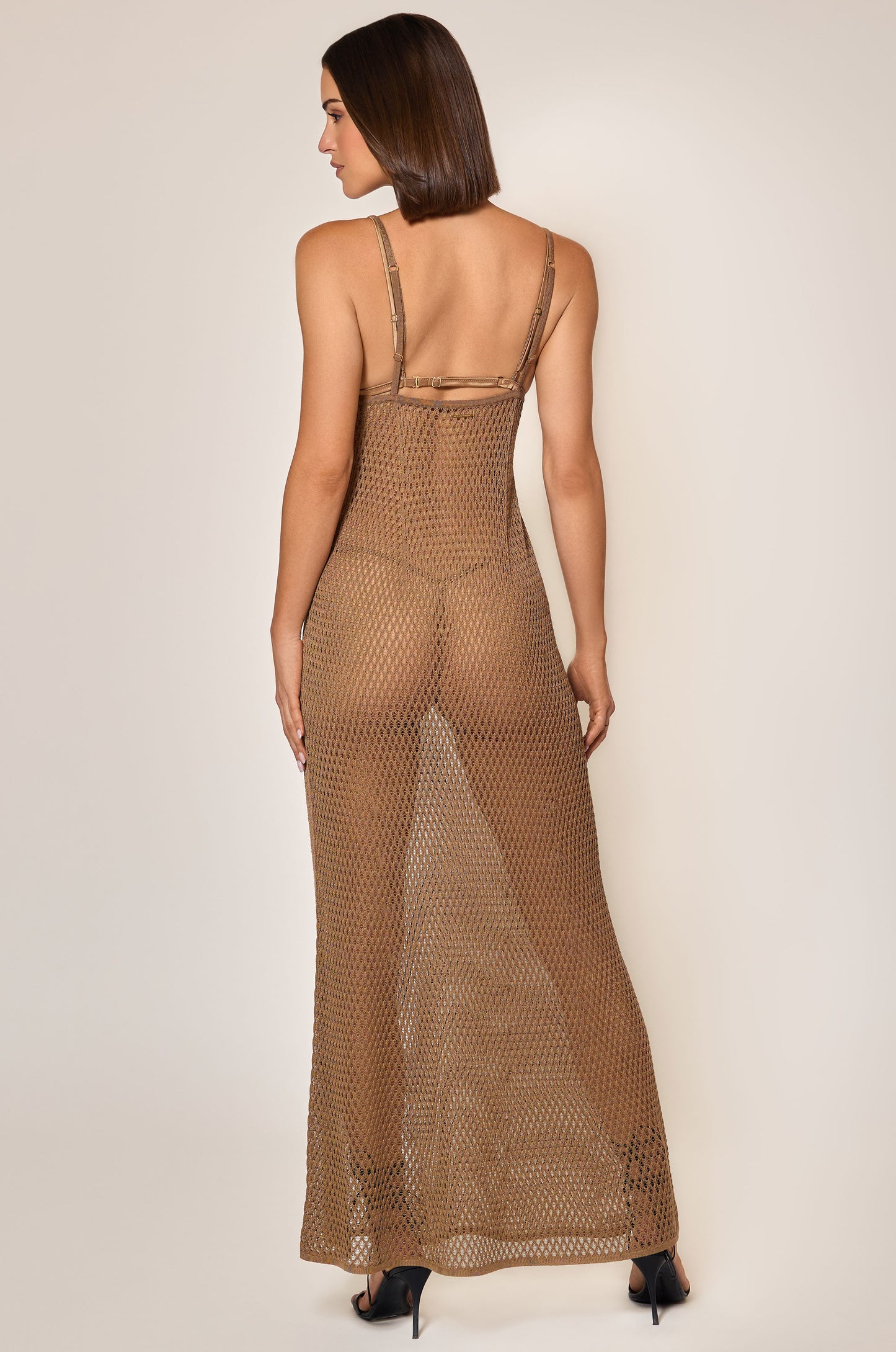 Sable Light Brown Silk Crochet Sheer Maxi Dress Back