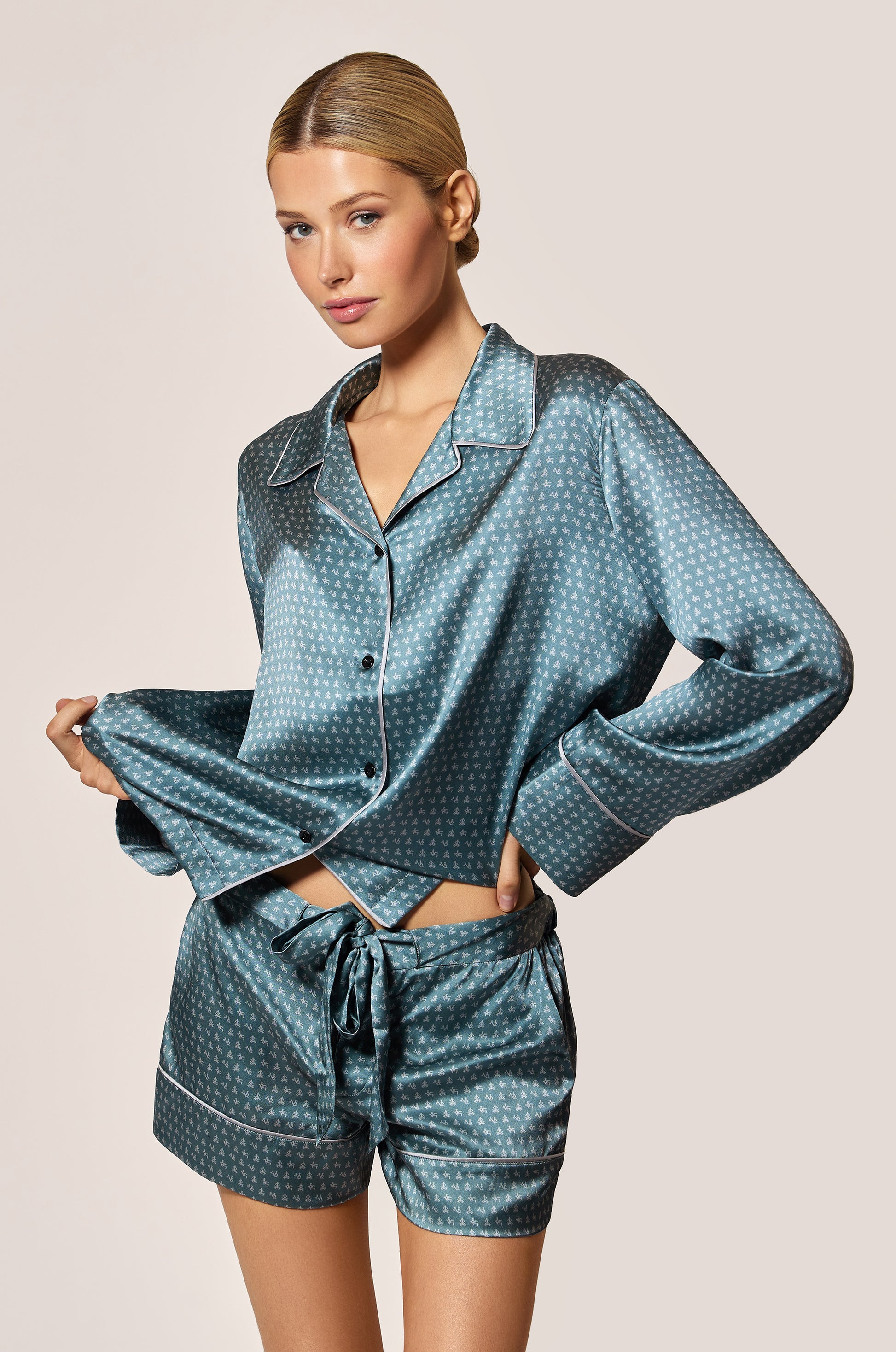 Tempete Storm Blue Gray and Silver Sterling Silk Satin Motif Printed Long Sleeve Pajama Top Front