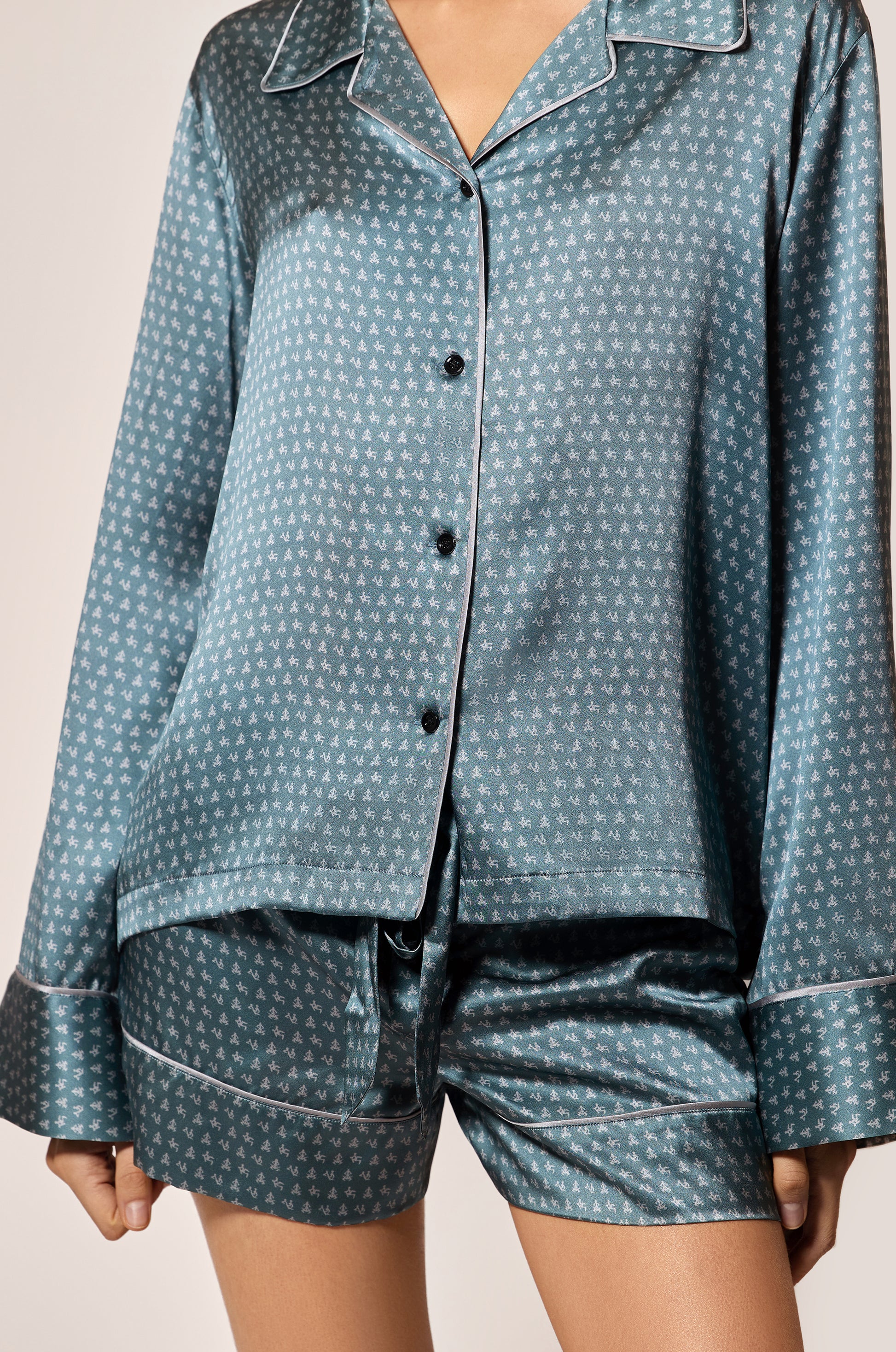 Tempete Storm Blue Gray and Silver Sterling Silk Satin Motif Printed Long Sleeve Pajama Top Front