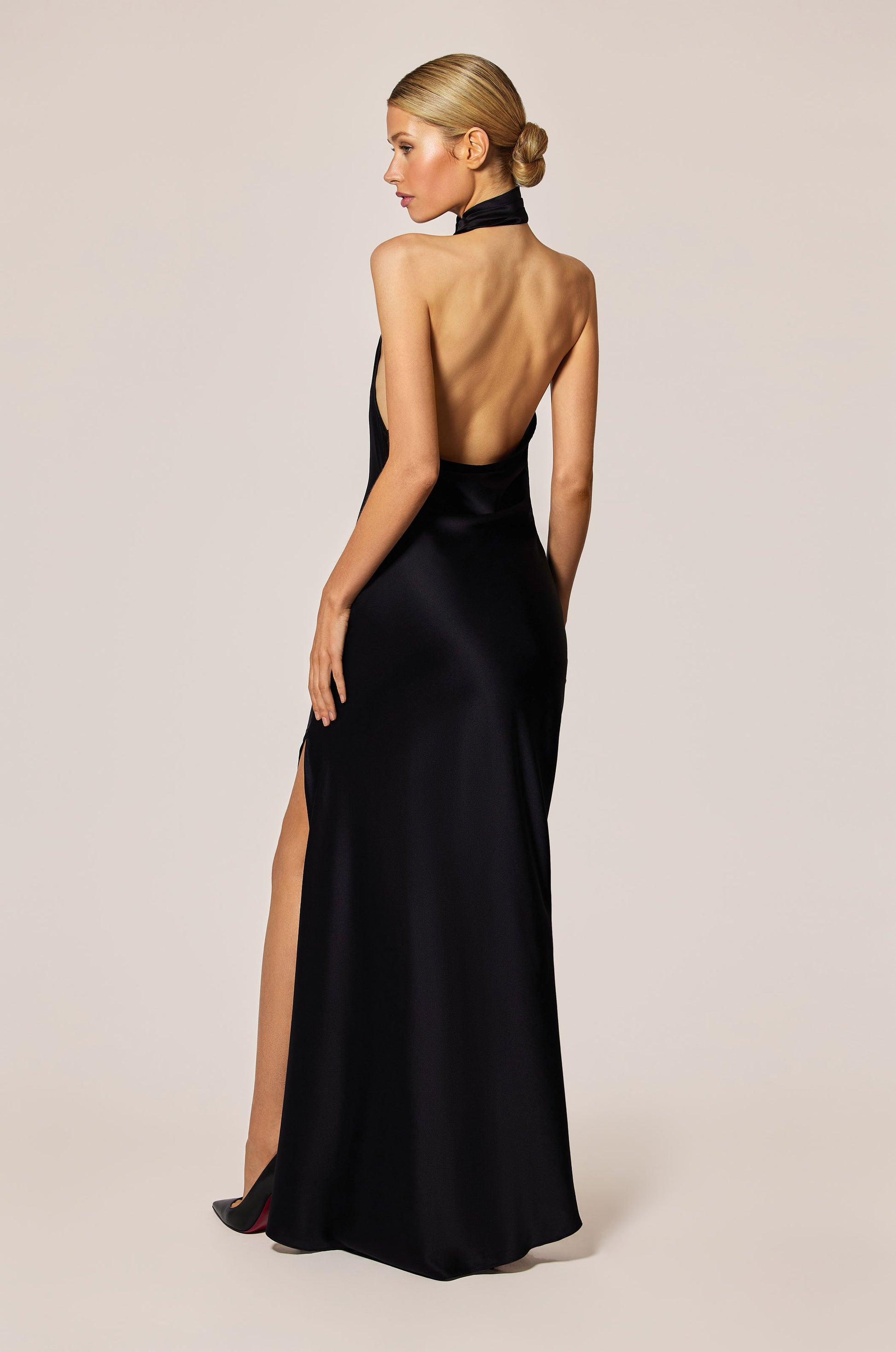 Black Asymmetrical Silk Satin Neck Tie Halter Backless Evening Dress Gown Back