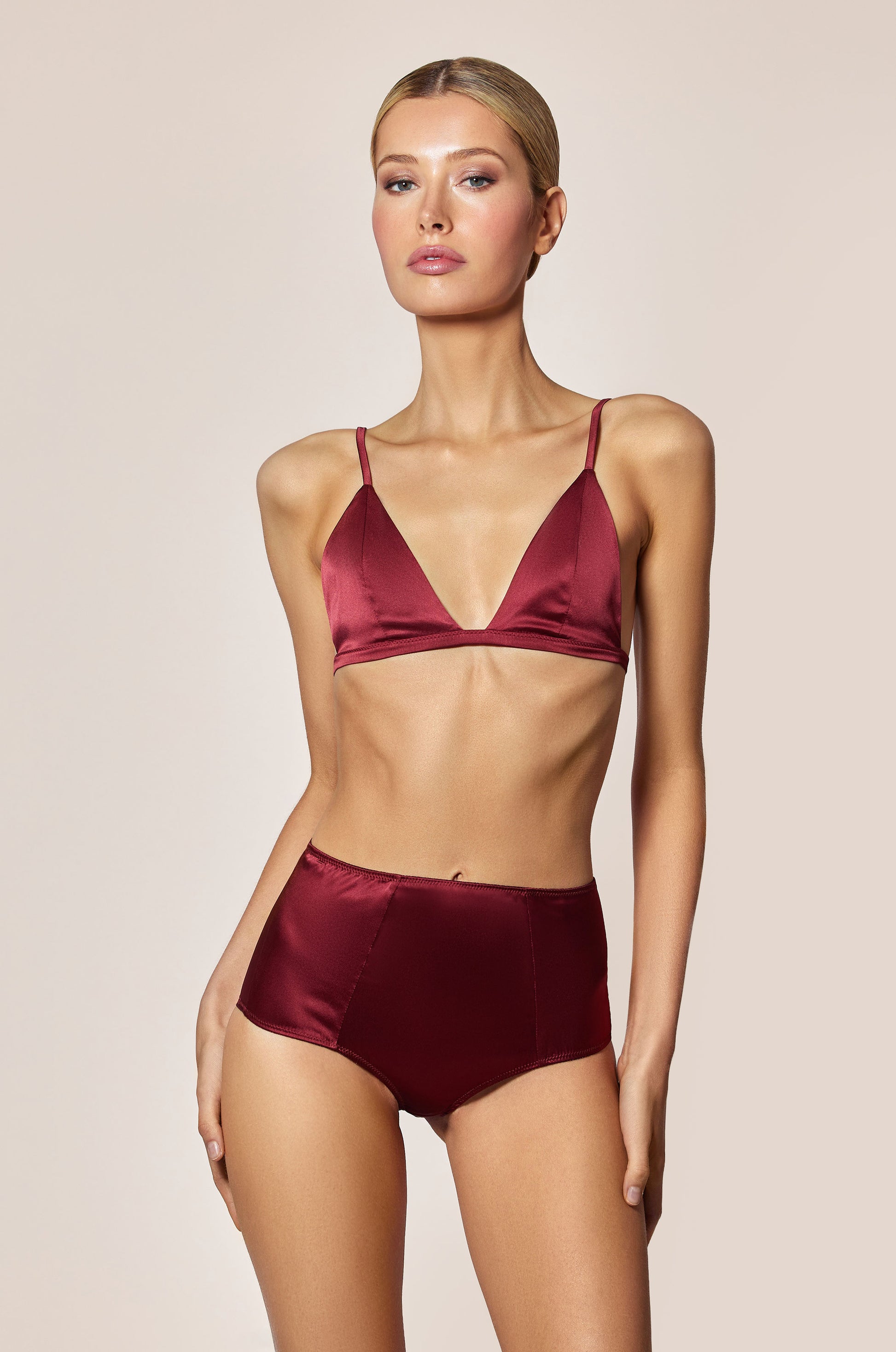 Brick Dust Red Pink Satin Soft Wireless Bralette Bra, front