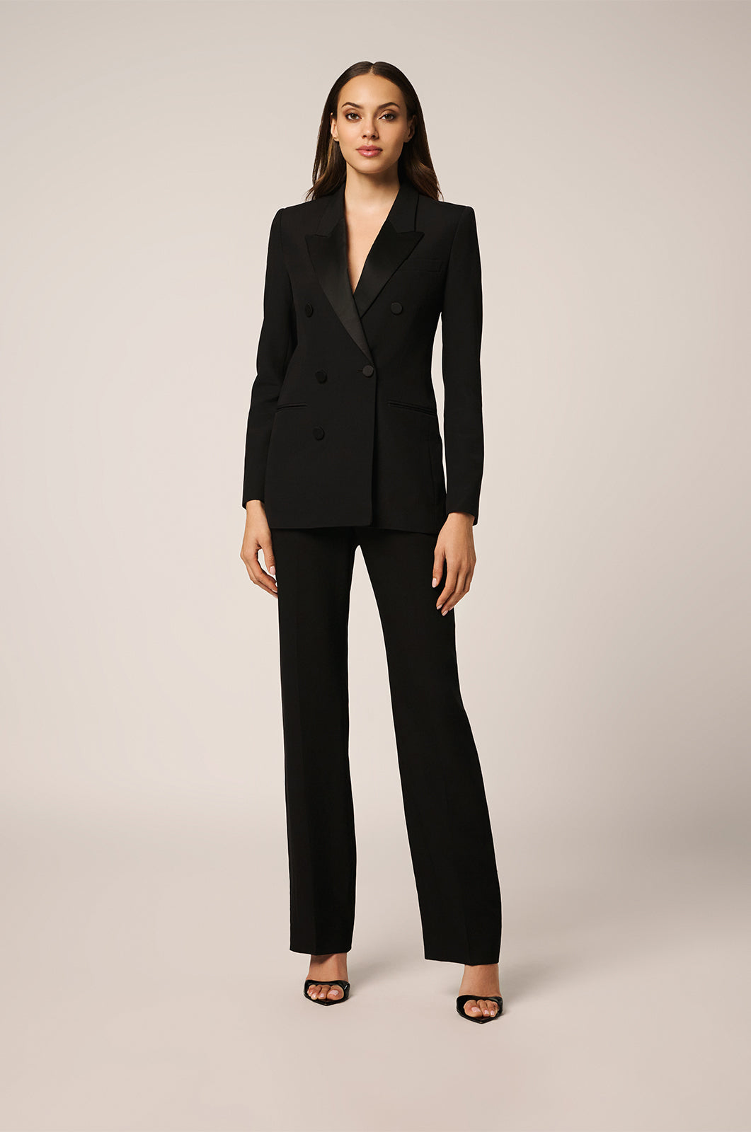 Blazer with double breasted closure in front, front view