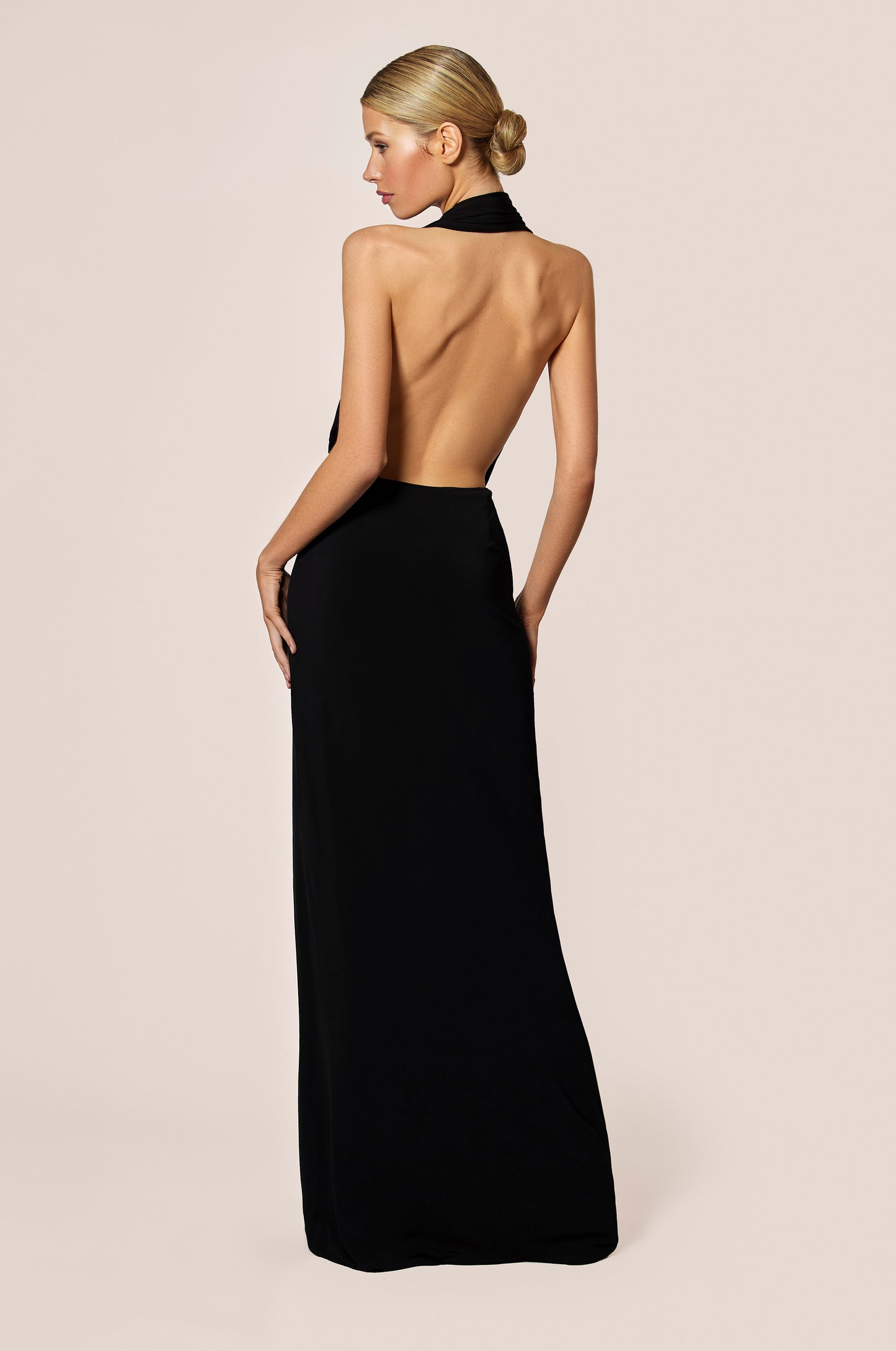 Black Stretch Jersey Halter Backless Evening Dress Gown, back