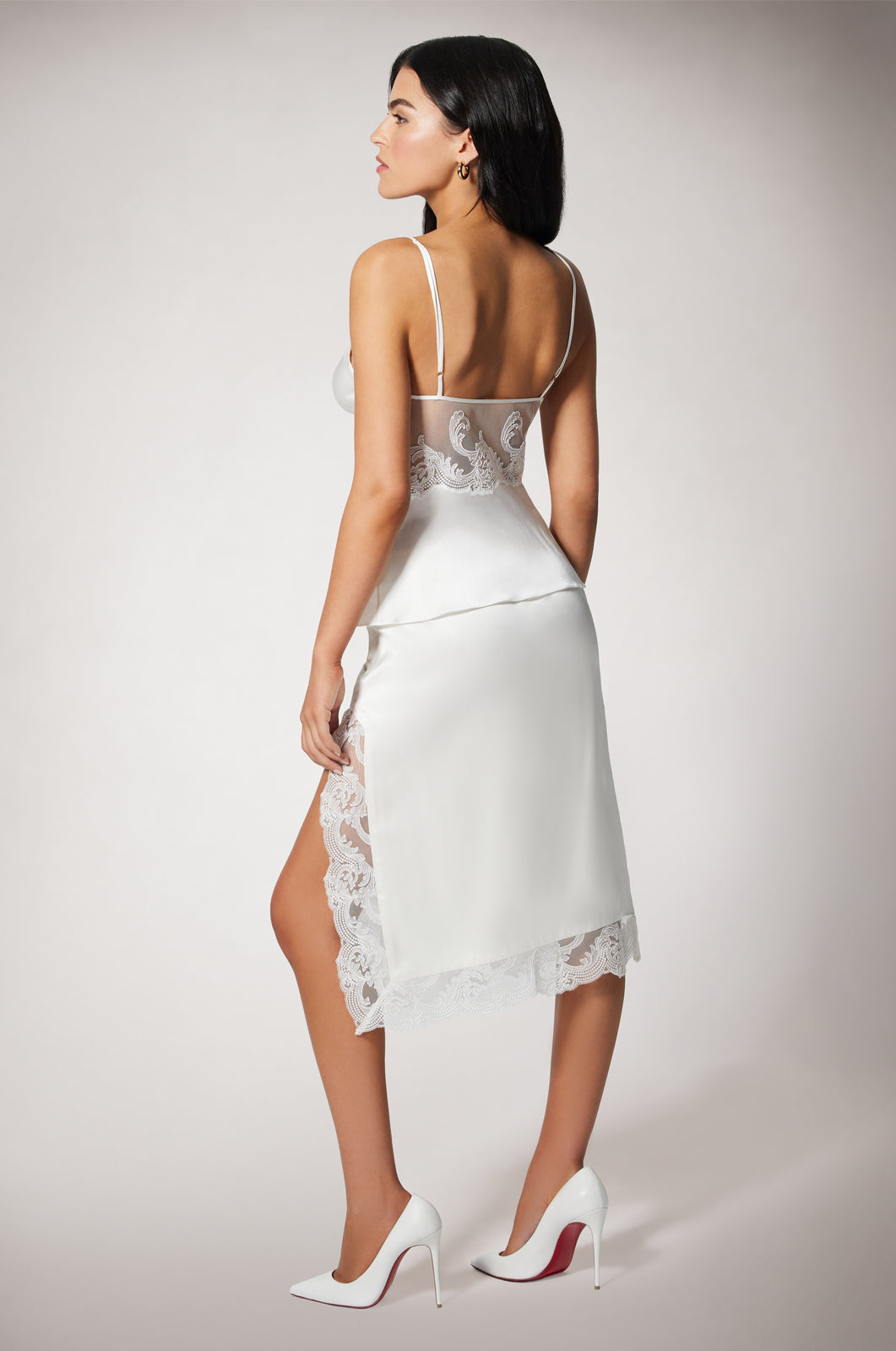White Silk Spaghetti Strap V-Neck Embroidered Lace Inset Ruffled Top and Skirt Back