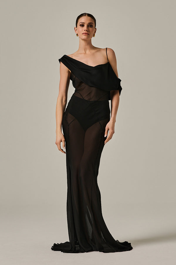 Silk chiffon black tank dress, see-through with lines crossing along body.  Off shoulder with one adjustable strap. 