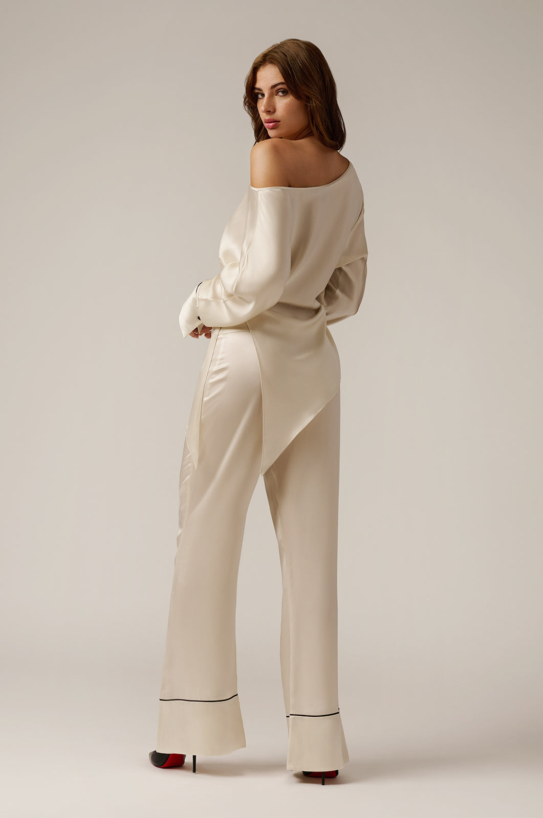 Off shoulder silk blouse side tie buttoned monogram cuff back view