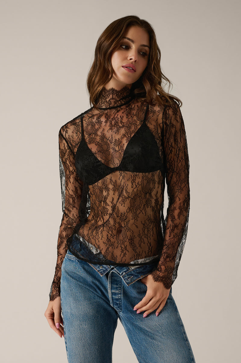 Black lace long sleeve turtle neck top.