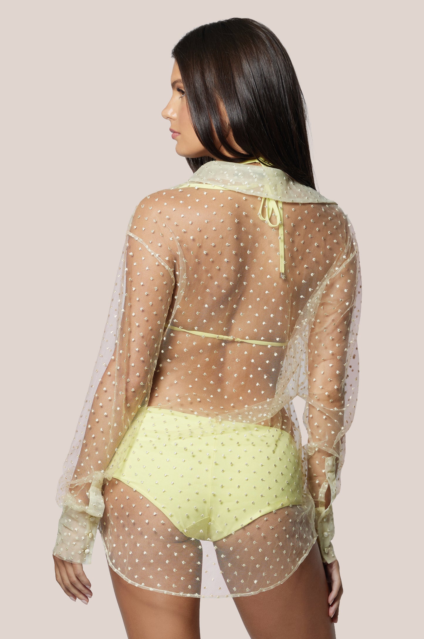 Citron Bright Yellow Lace Mesh Polka Dot Embroidery Lace Up Top Up Top BACK