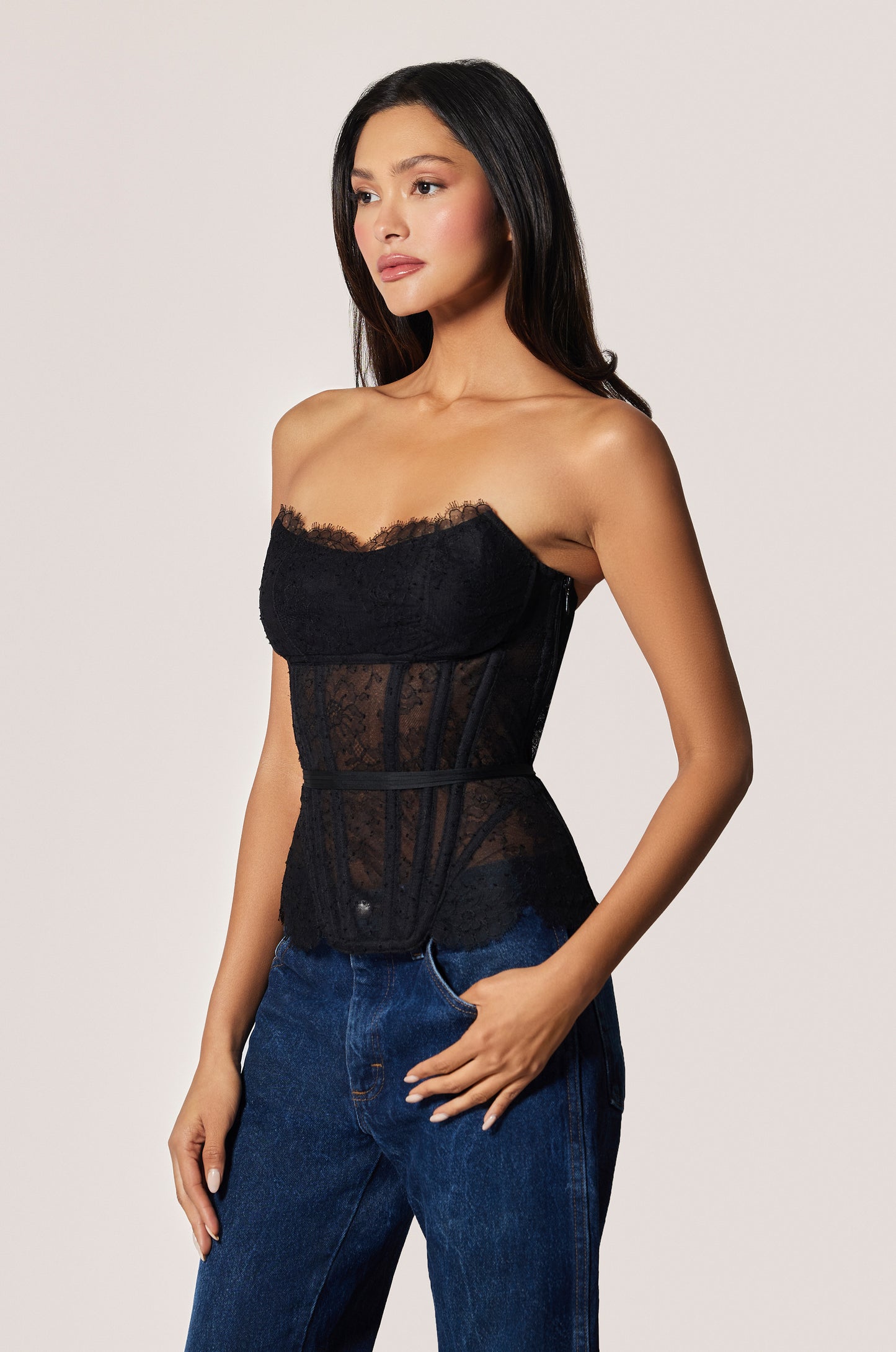 Black Lace Boning Strapless Side Zip Corset , side view