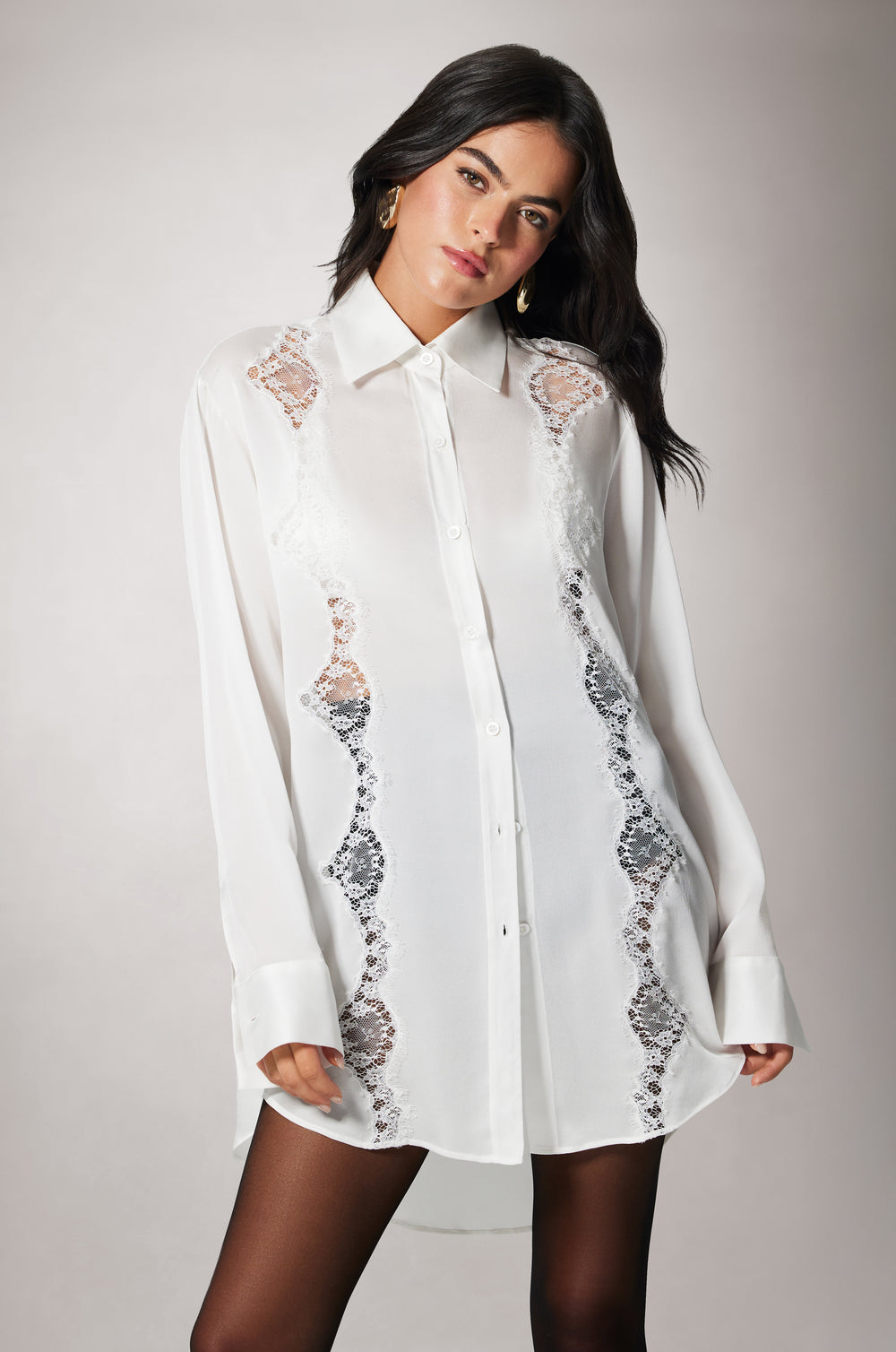 Ivory Lace Applique Long Sleeve Button Up Top Front