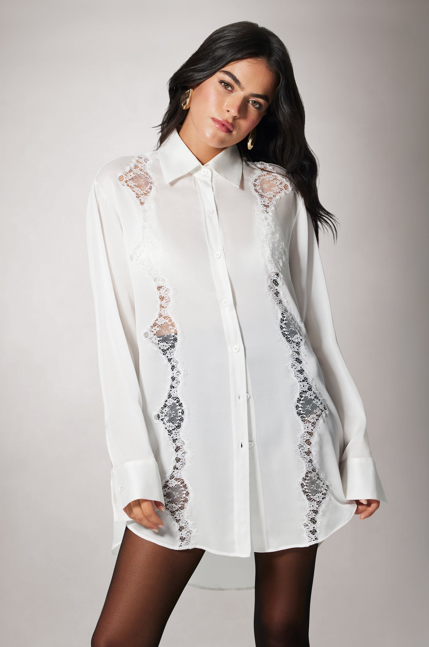 Ivory Lace Applique Long Sleeve Button Up Top Front