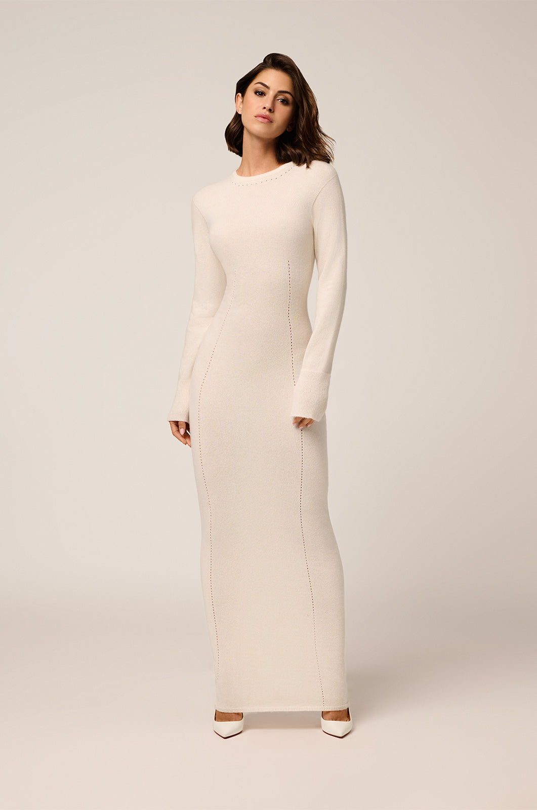 Soft cashmere long sleeve open back maxi dress front view