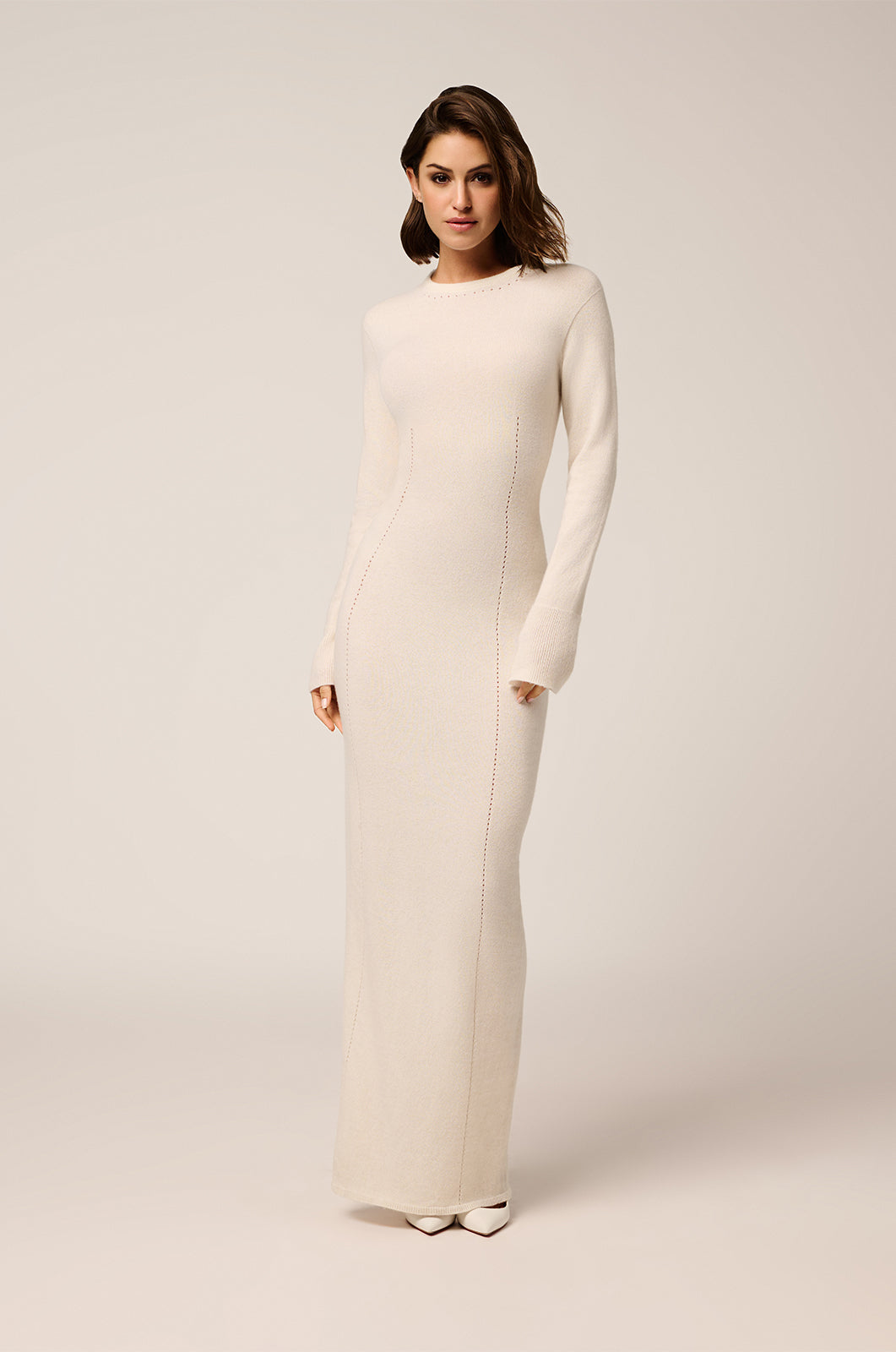 Soft cashmere long sleeve open back maxi dress front view