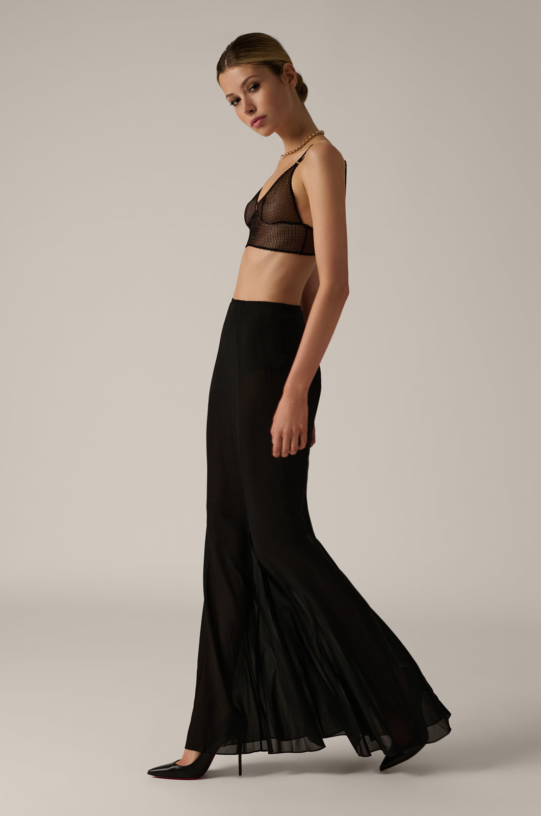 Stretch silk chiffon sheer maxi skirt black side view