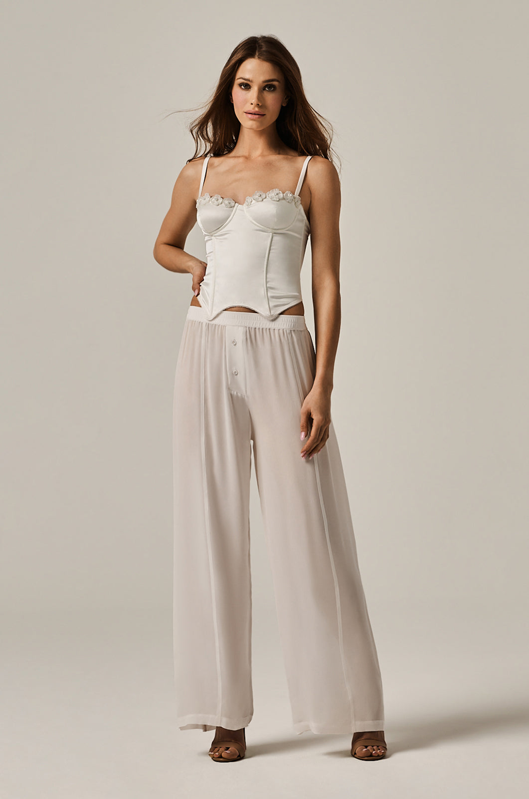 flowy semi-transparent long boxer pant with two buttons at front crotch area