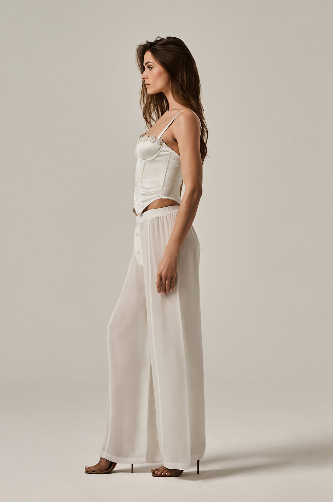 flowy semi-transparent long boxer pant with two buttons at front crotch area