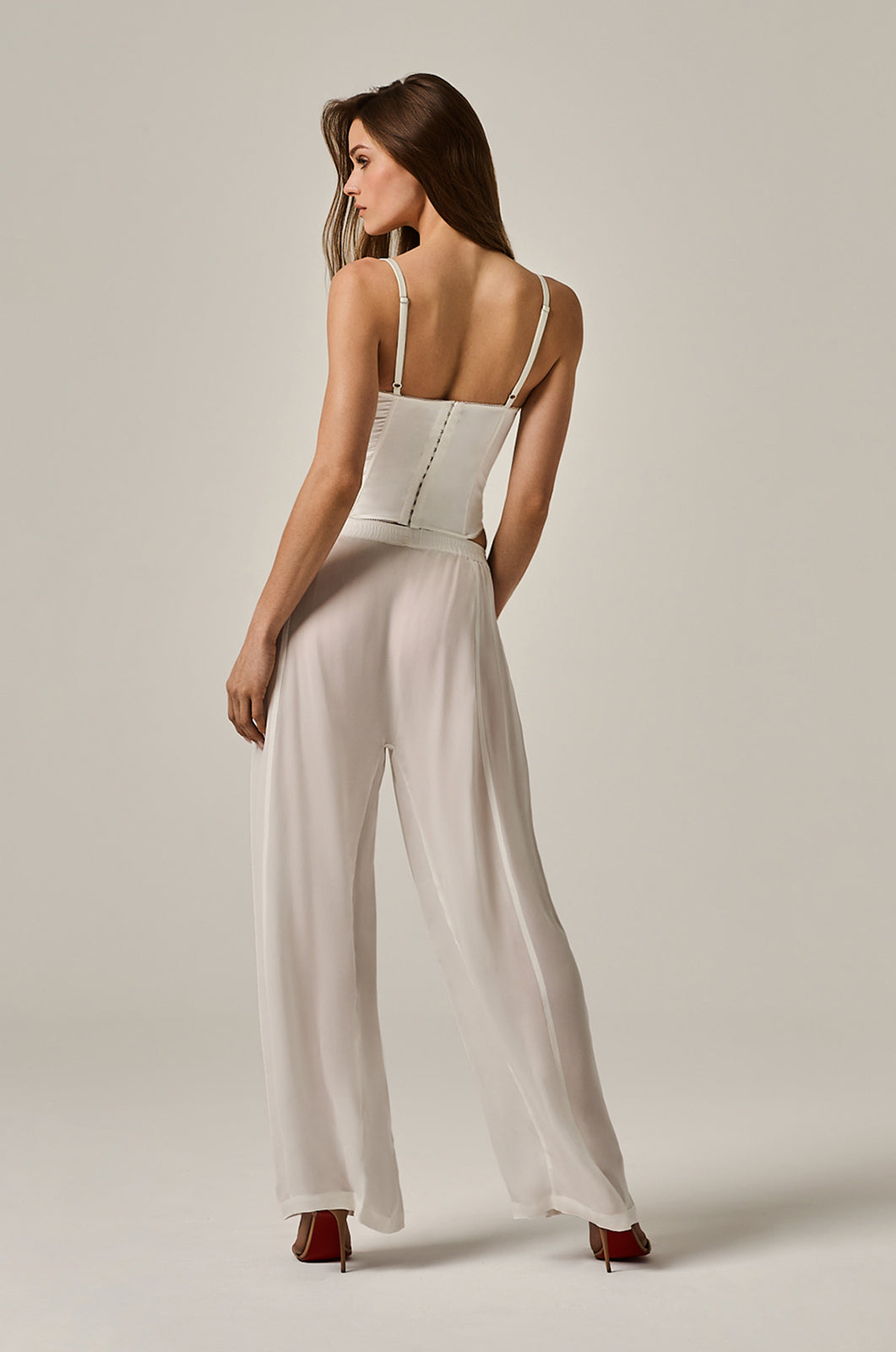 flowy semi-transparent long boxer pant with two buttons at front crotch area