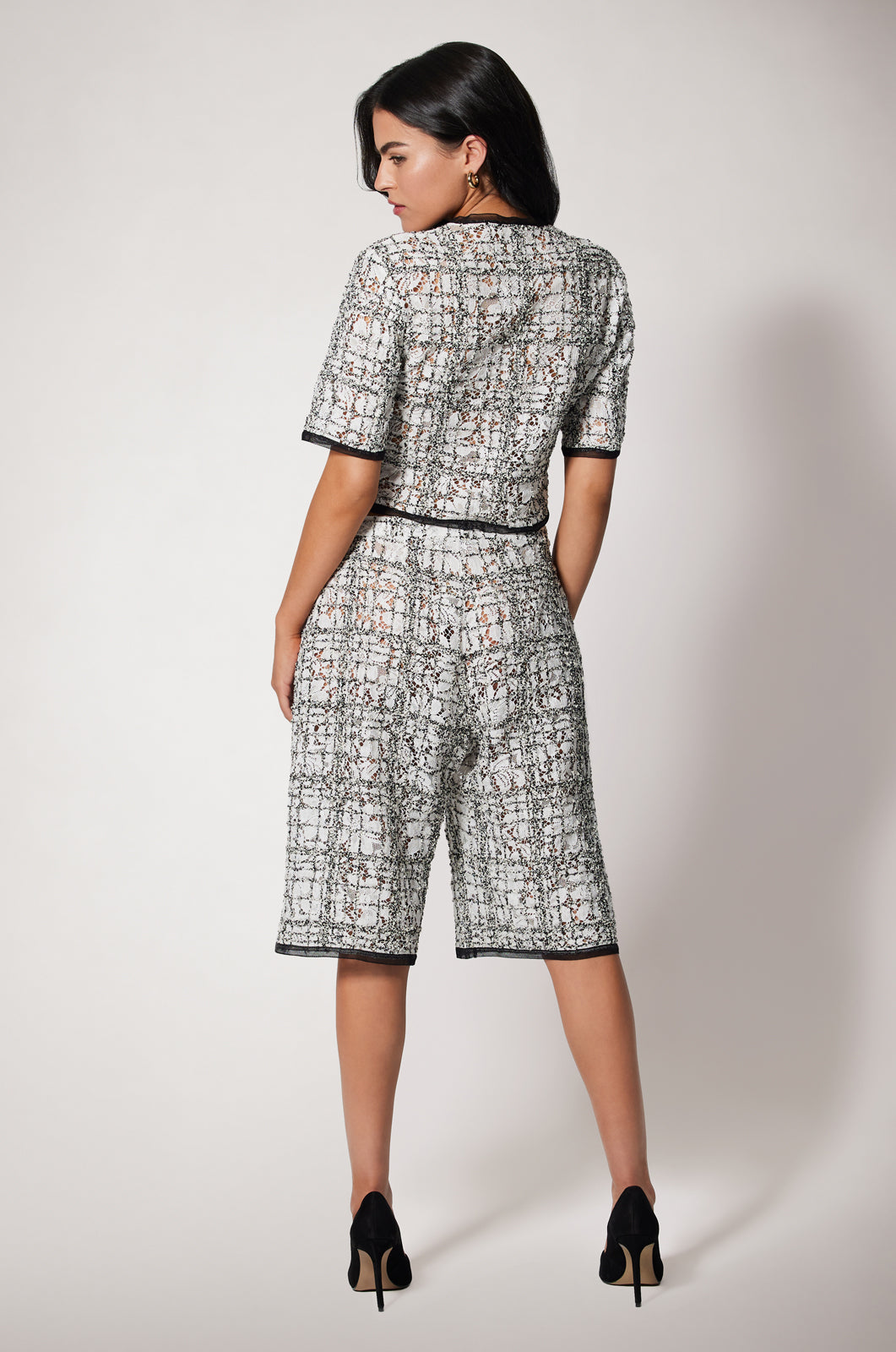 Black and White Tweed Mid Rise Knee Length Bermuda Shorts Back 