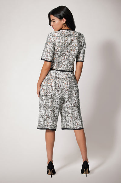 Black and White Tweed Mid Rise Knee Length Bermuda Shorts Back 