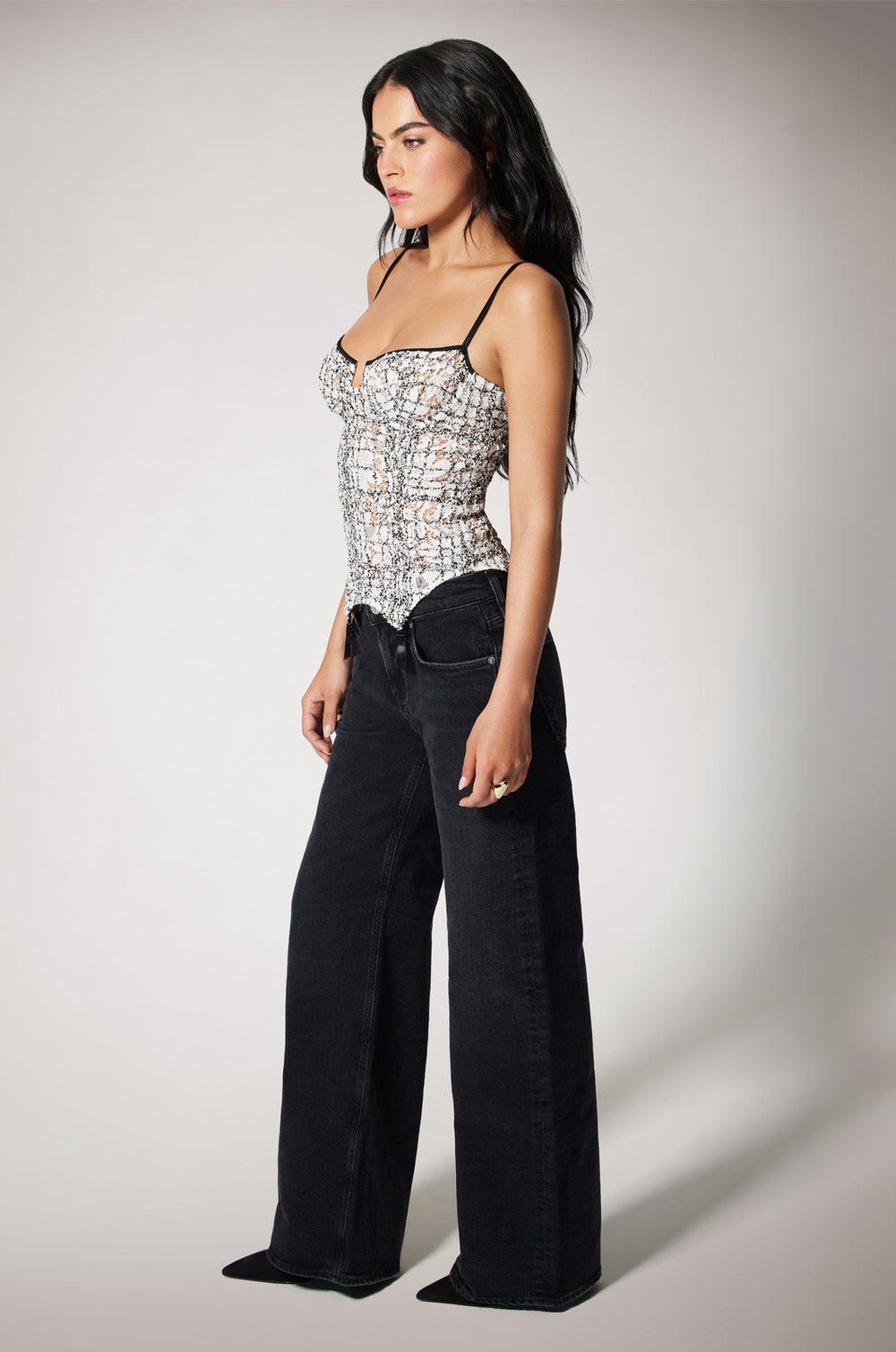 Black and White Tweed Sleeveless Garter Bustier Top Side