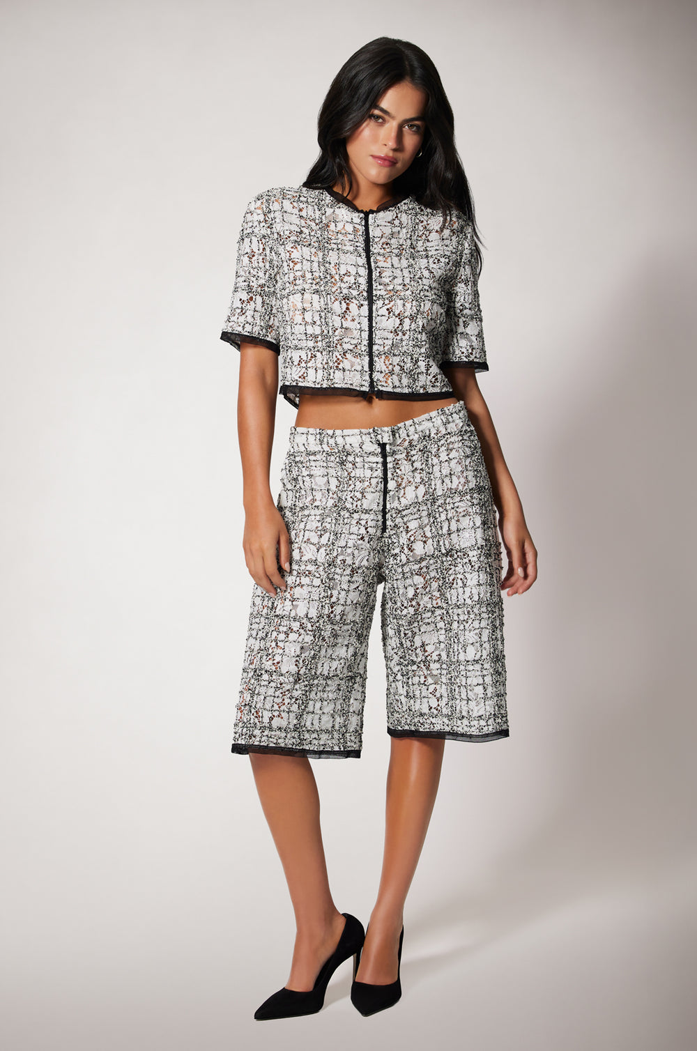 Black and White Tweed Mid Rise Knee Length Bermuda Shorts and Cardigan Front