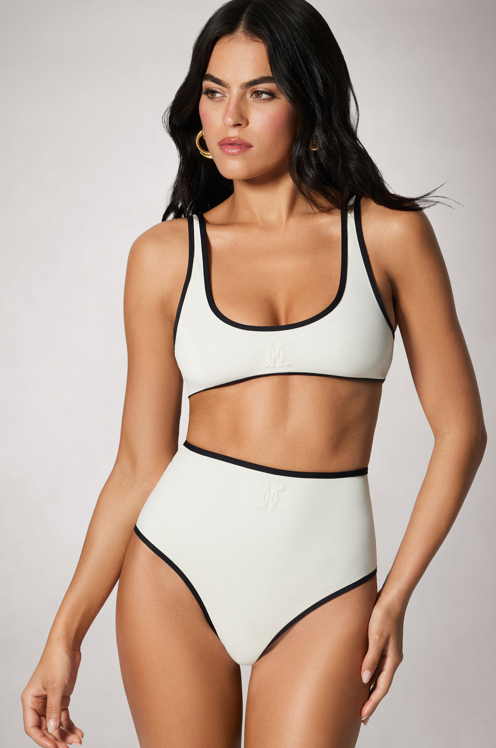 White/Black Contrast Trim Scoop Neck Wide Strap Bikini Top and HW Bottom Front