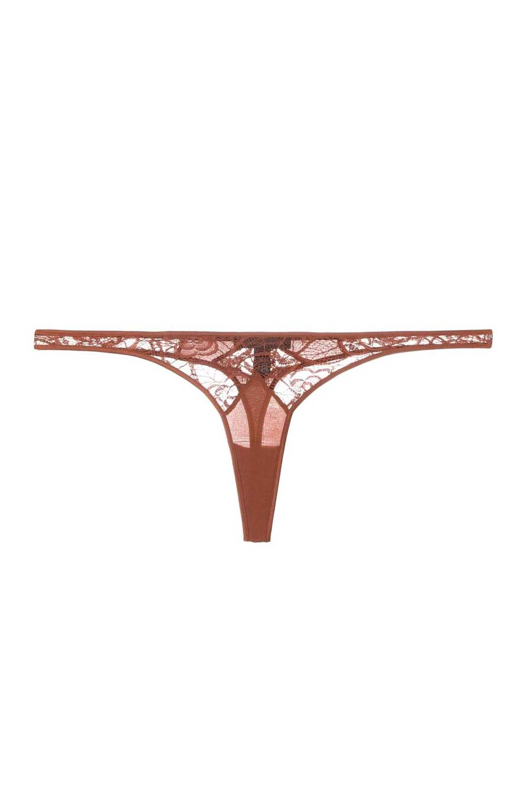 Low waist sheer rust color lace thong flat lay