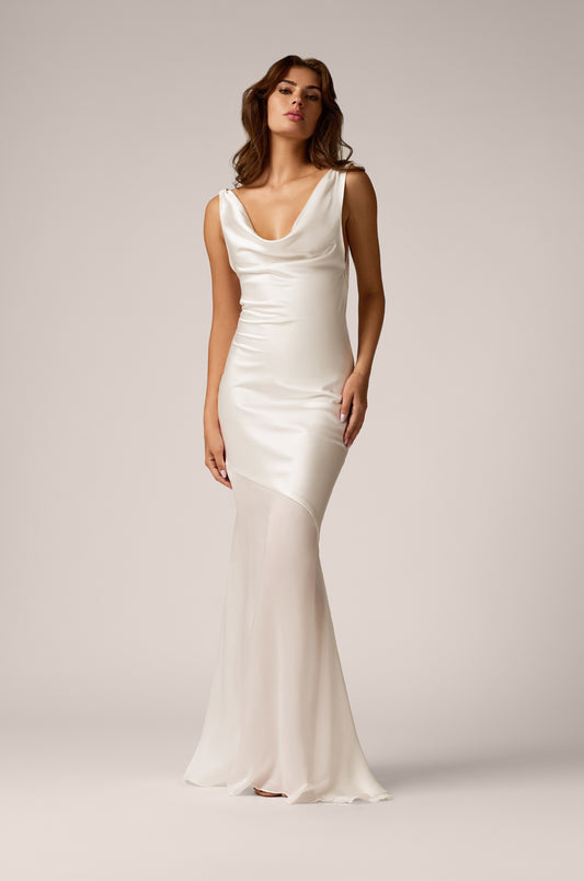 cowl neck bias cut low back long gown  front view