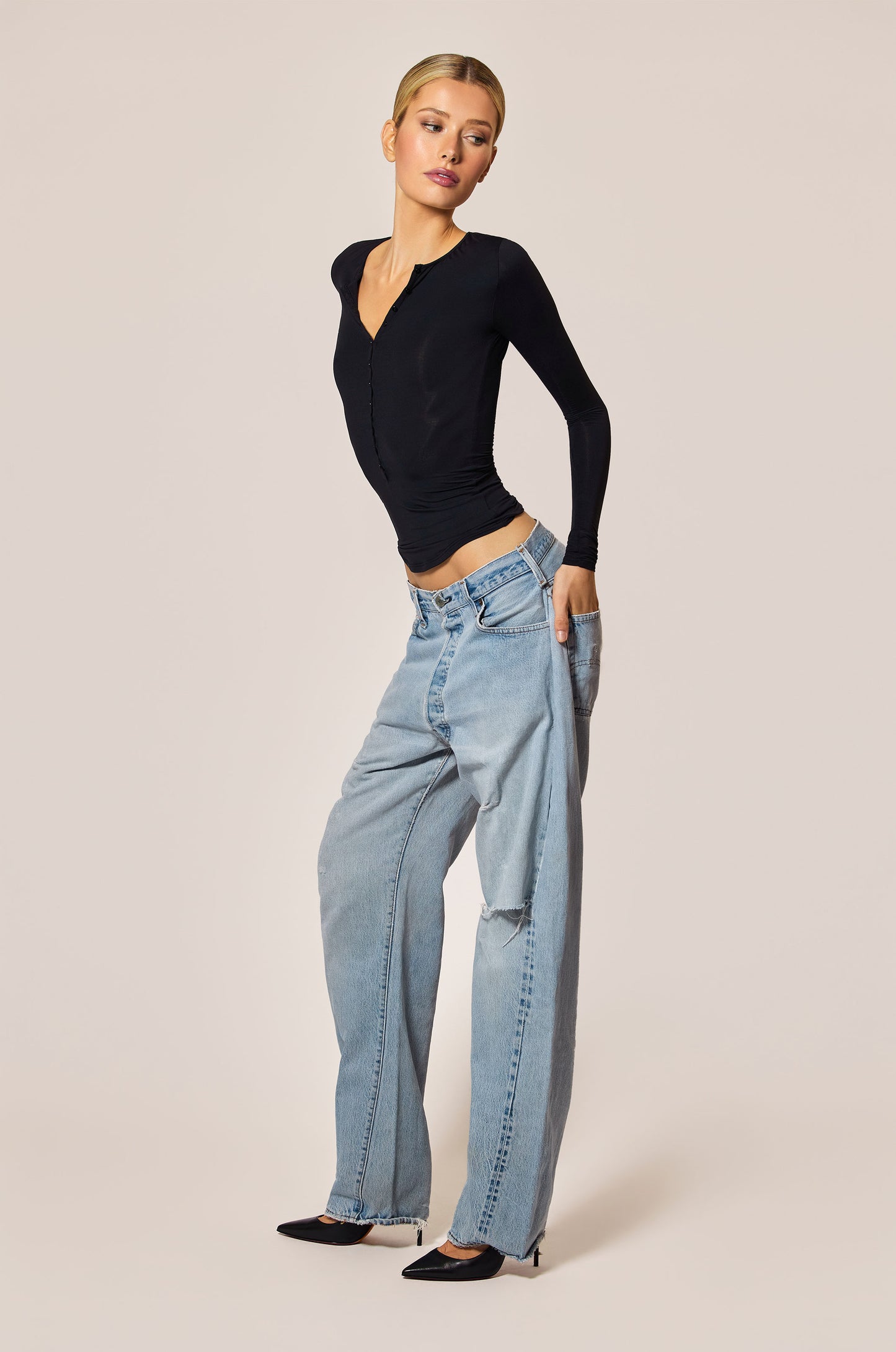 Black Henley Buttons Long Sleeve Side